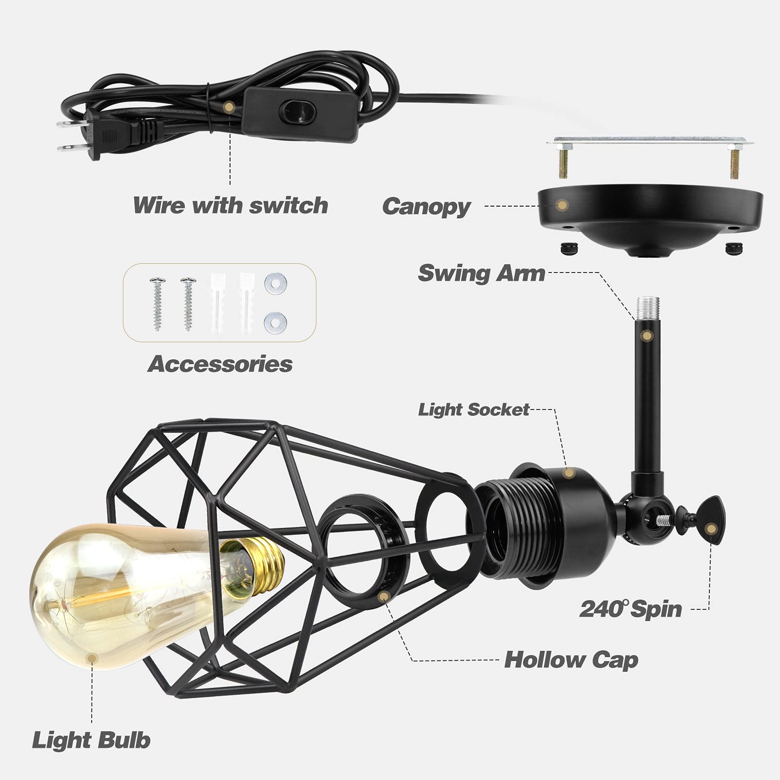WimiSom Plug in Wall Sconce, Industrial Metal Lamp with On/Off Switch, Black, 2 Pack