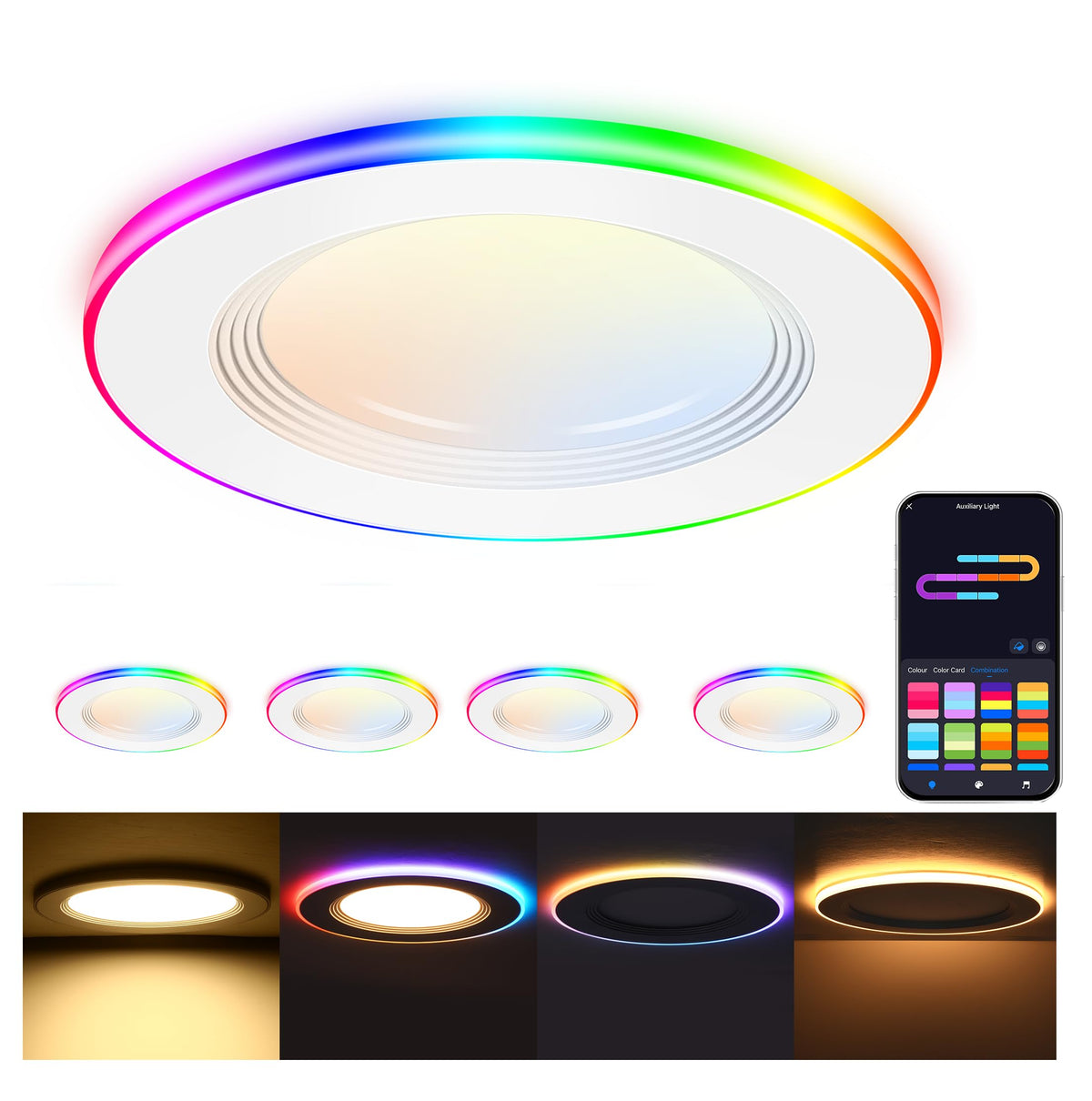 CLOUDY BAY [4 Pack] 4 Inch RGB Smart Recessed Lighting with Gradient Accent Light and Night Light,13W Recessed Lights Ultra-Thin