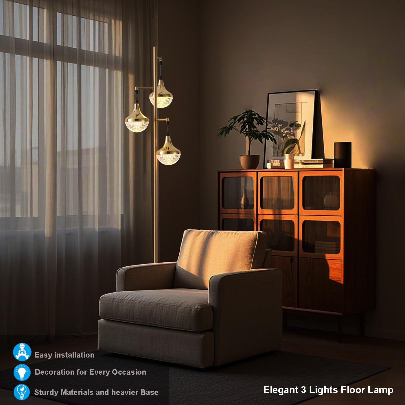 Fiqevs Mid Century Modern Floor Lamp With Led Bulbs & Elegant Ribbed Globe Shade, 3-Light Gold Standing Lamp For Living Room, Be