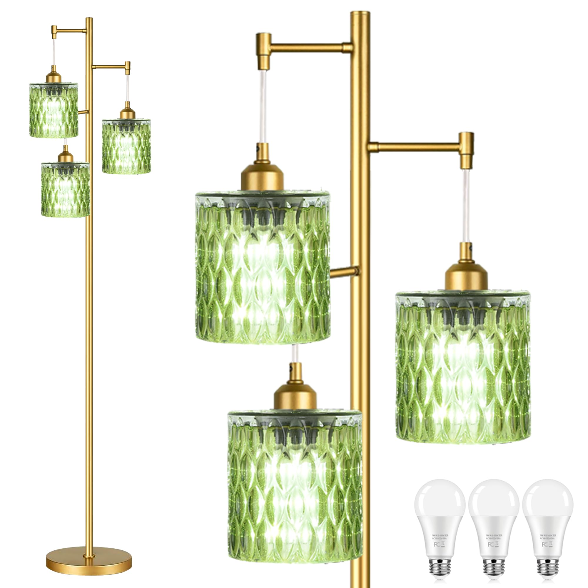 AHDWDW Gold Floor Lamp for Living Room Bedroom 3 Lights Vintage Tree Floor Lamps with Green Glass Shades Mid Century Modern Floor Lamp for Corner Office 68IN Unique Tall Standing Lamp with Bulbs