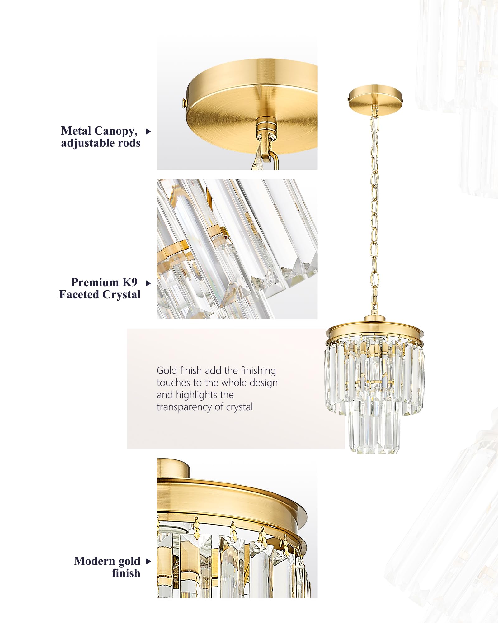 Klklch Crystal Chandeliers, Gold Pendant Light Fixtures, 1-Light Small Modern Chandelier Lighting, 2-Tier Hanging Light Fixture