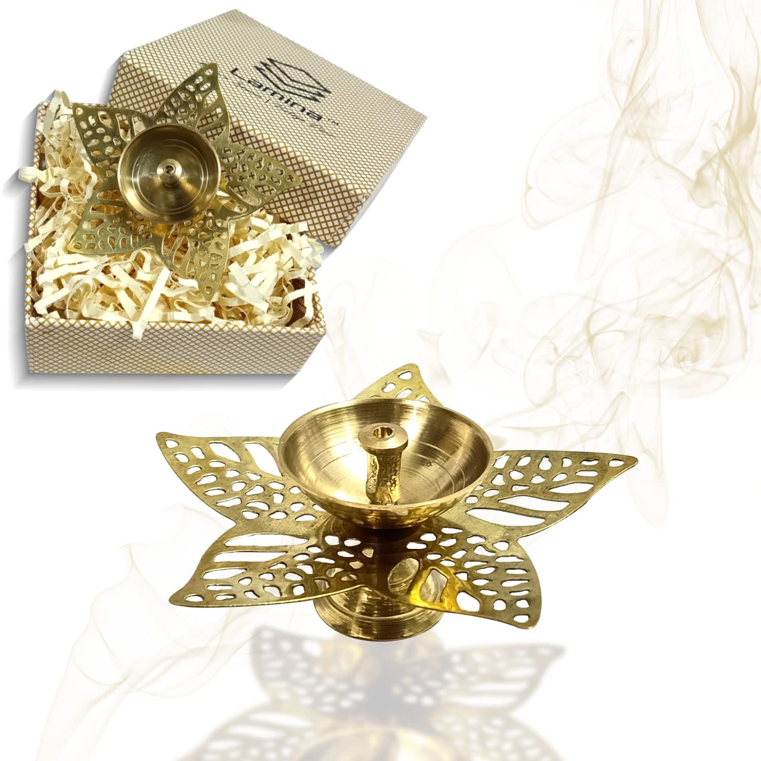 Lamina Decorative Brass Diya for Puja (Set of 1 Small 3.5inch Golden Star Leaf) Center Wick Holder Pital Akhand Deep Vilakku for