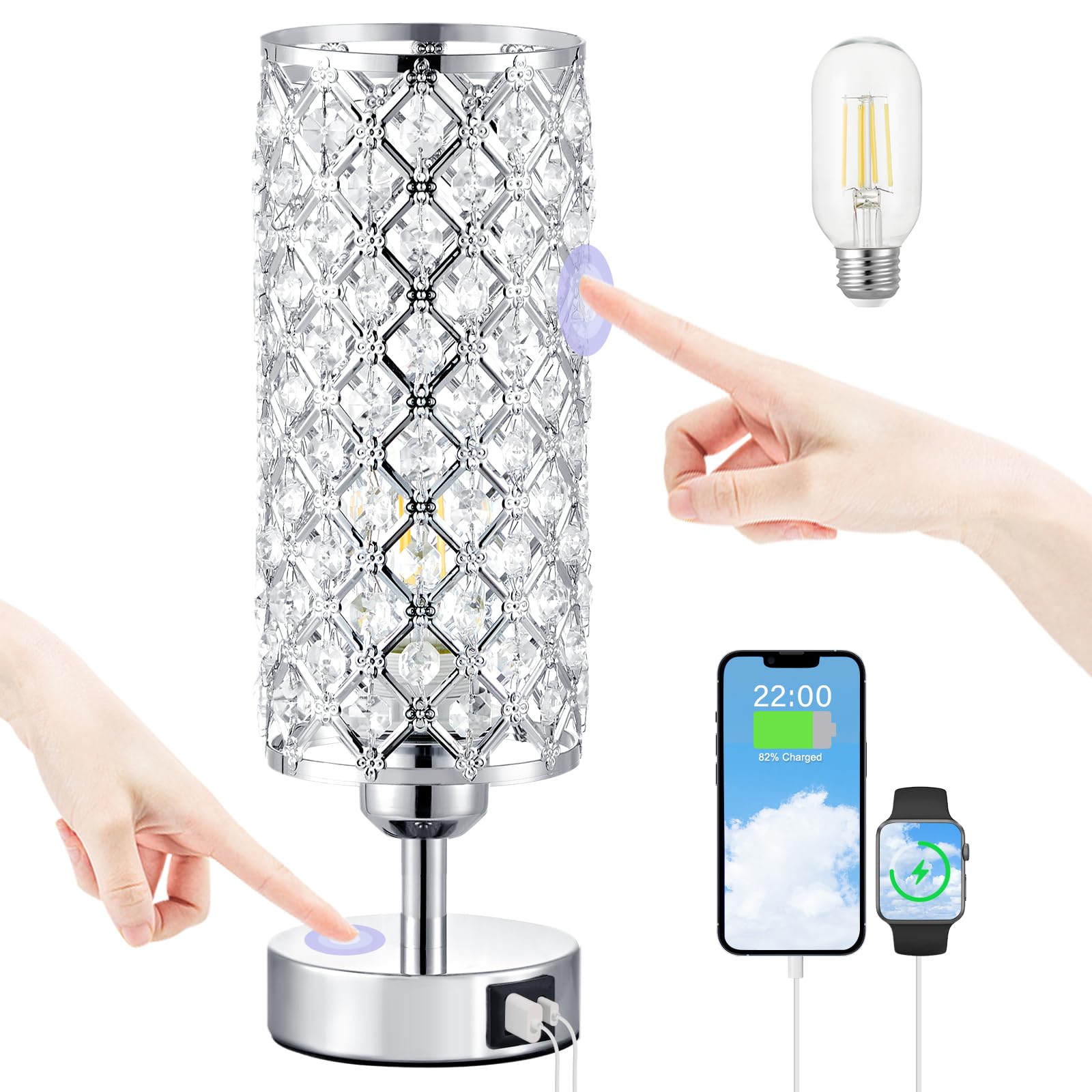 Crystal Touch Lamp with Touch Control, Sliver Table Lamp with USB-C+A Ports, 3 Way Dimmable Bedside Lamp Decorative Modern Night