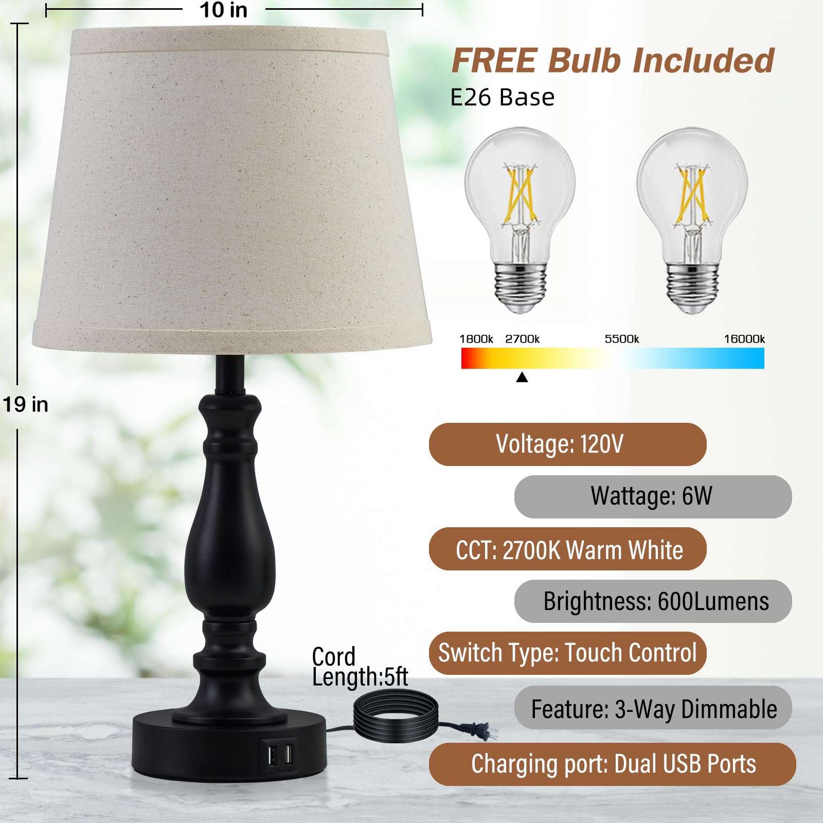 EJIAXIN Touch Bedside Table Lamps Set of 2, 3 Way Dimmable, USB Ports, Slub Linen Shade, Light Oat Color, Model E-98008A