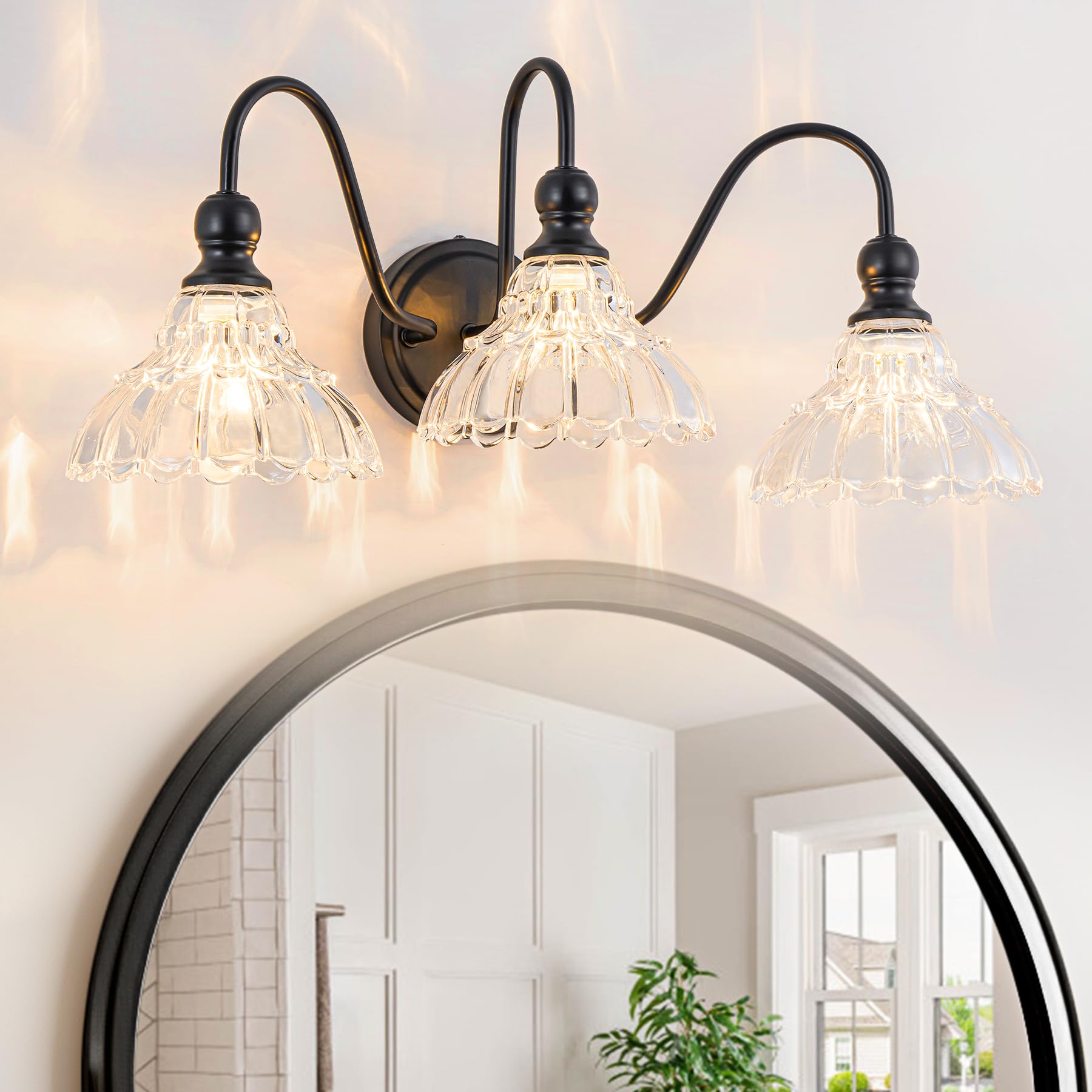 BrkNit 3-Light Black Vintage Bathroom Wall Sconce - Stainless Steel with Flower Glass Shade, Farmhouse Vanity Lighting for Bedroom and Hallway