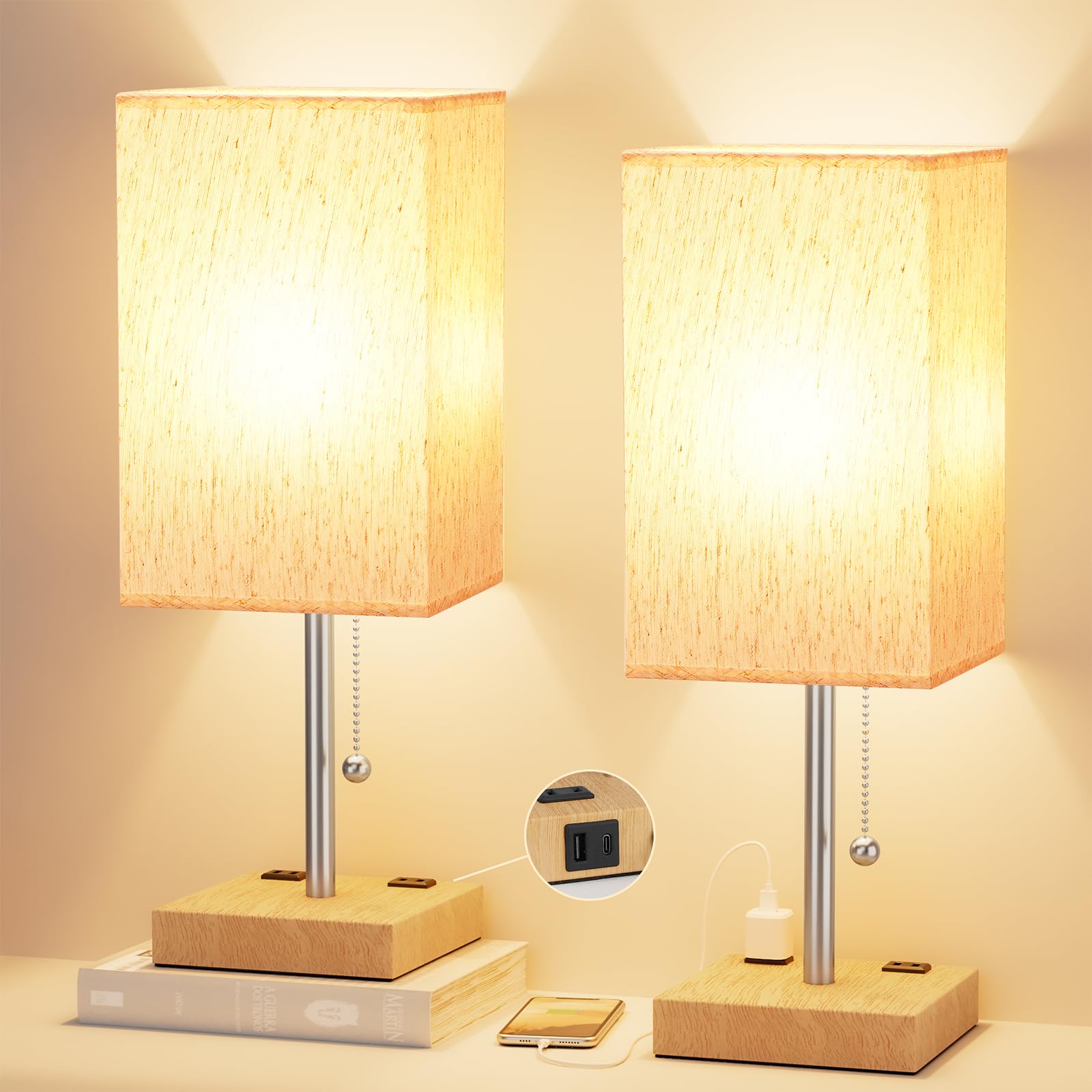 Cream Bedroom Table Lamps Set Of 2 - Bedside Lamps For Nightstand, Minimalist Night Stand Light With Square Fabric Shade, Desk R