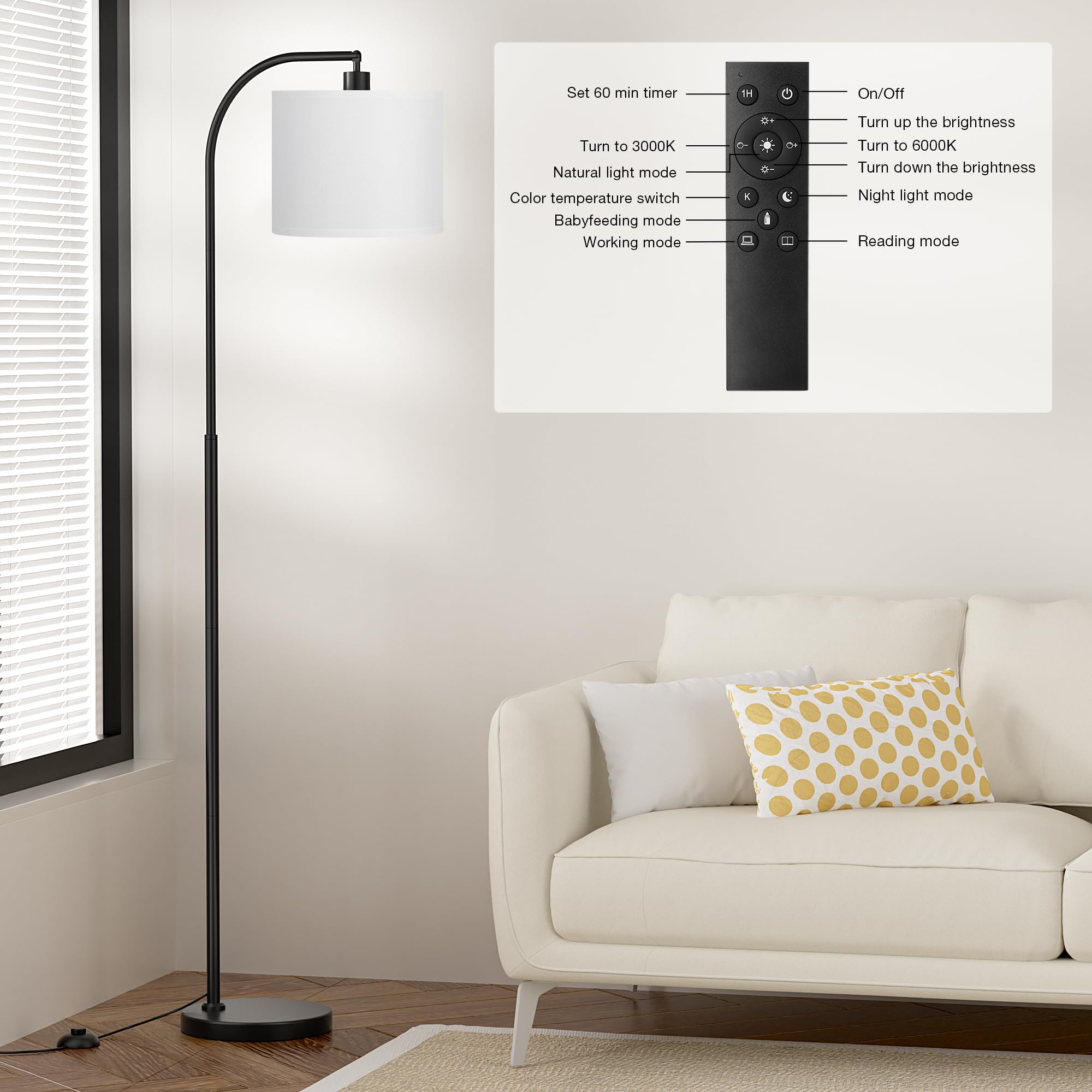 Ambimall Arc Floor Lamp, Remote & Stepless Dimmable, 63 inches, White Shade & Black Pole, Model RPT-QZB40403