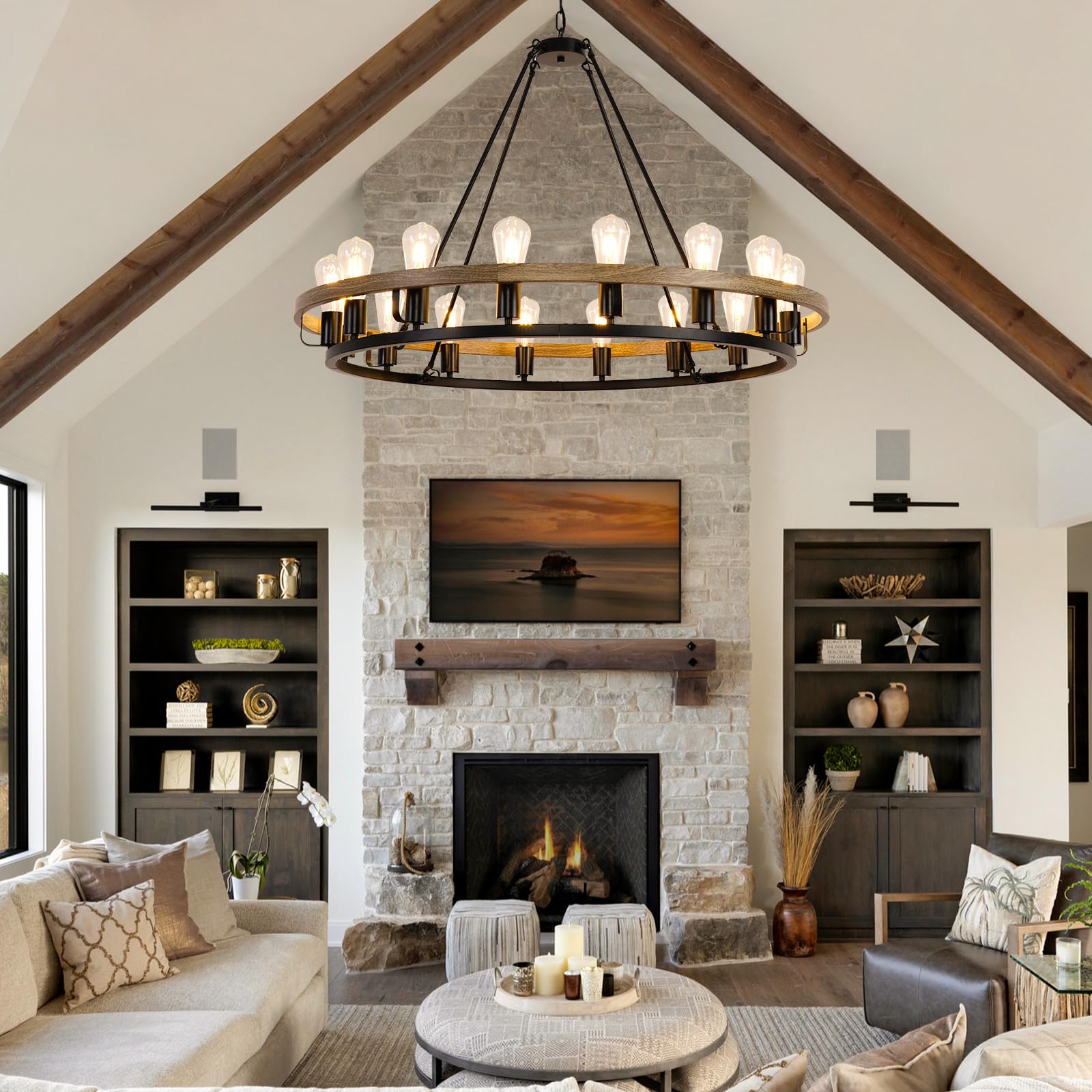 WOGON WEEL 16-Light Wagon Wheel Chandelier, 39-Inch Rustic Farmhouse, Black & Oak Wood Finish, Model chelun019