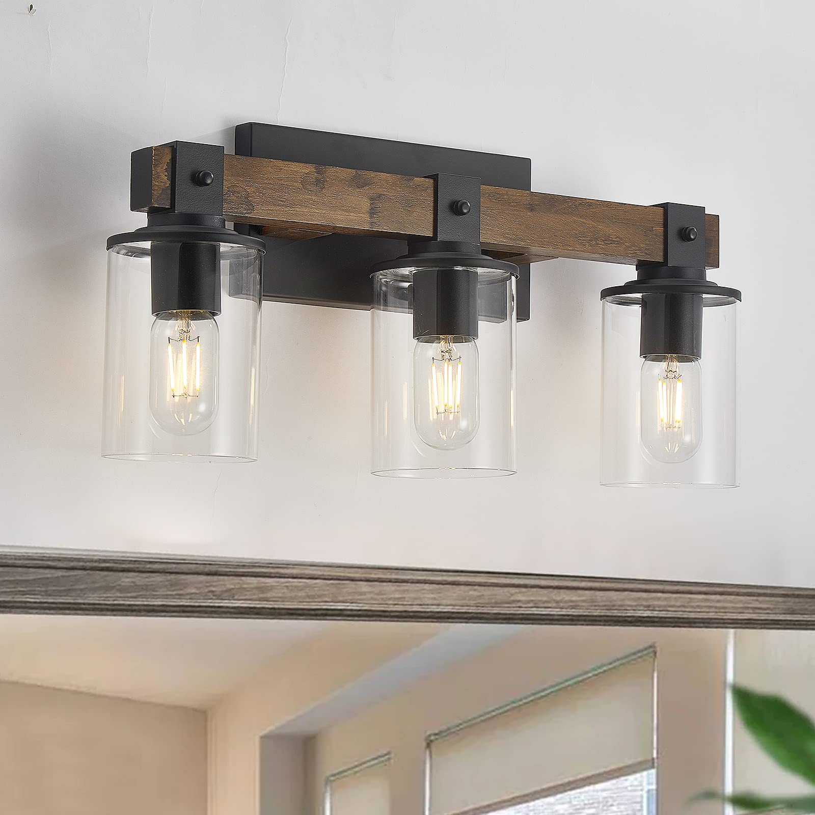 DUJAHMLAND 4 Light Wood Farmhouse,Rustic Bathroom Light Fixtures with Clear Glass Shade, Vanity Lights for Bathroom Over Mirror 