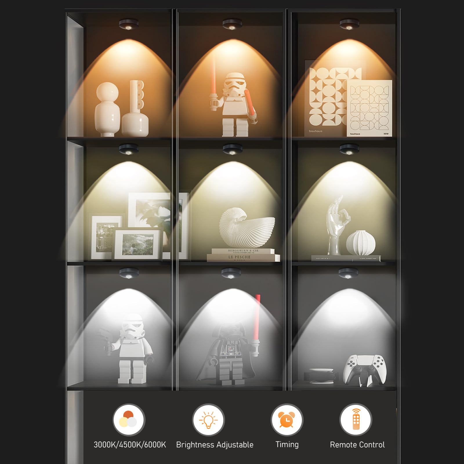 UNUSROOM Rechargeable LED Puck Lights, Wireless Touch & Remote Control, Dimmable Under Cabinet Lighting, 2000mAh Battery, Black, 6 Pack