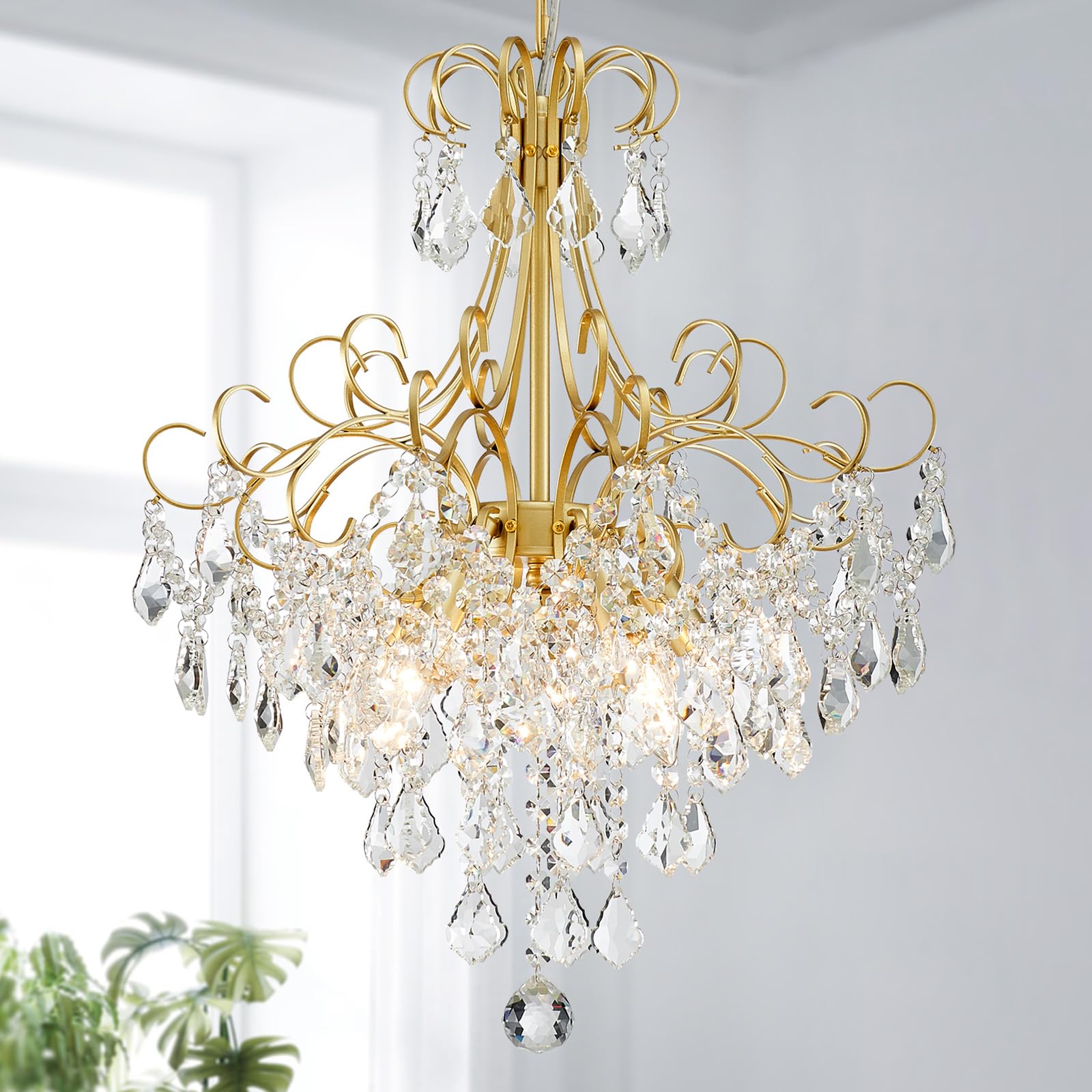 WUZUPS Crystal Chandelier 5-Light Pendant Light, Metal, 22.4inH x 18.3inW, Gold, Model USHD30502G-5