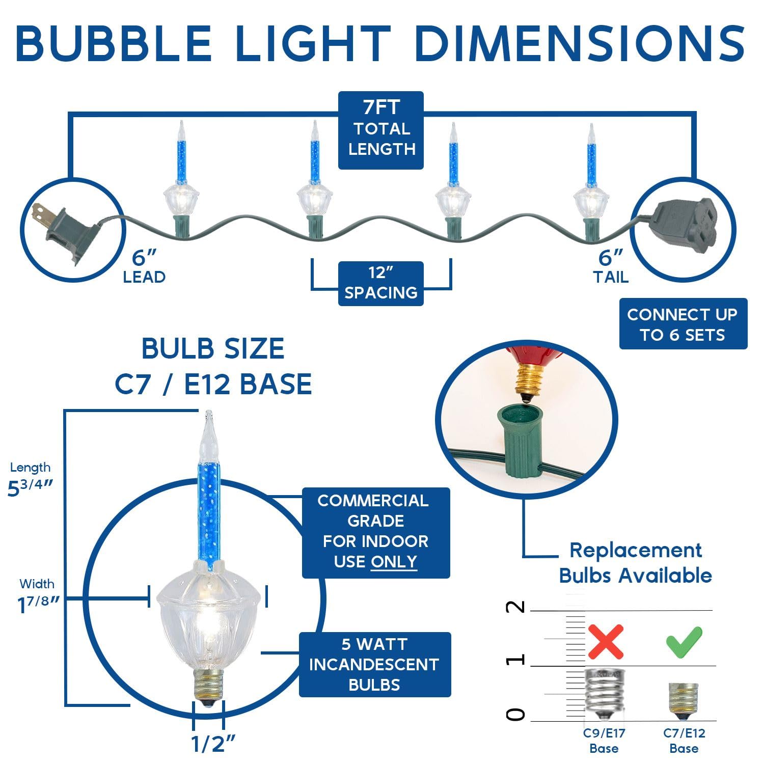 Novelty Lights 7 Light Traditional Christmas Bubble Light Set Christmas Bubble Lights, Christmas Tree Lights, Vintage Bubble String Lights (Red/Yellow/Blue)