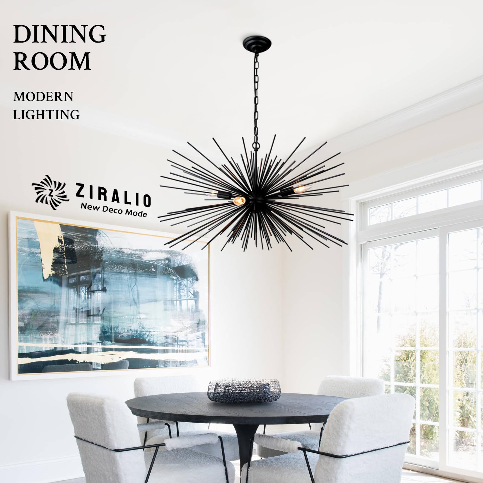 Ziralio Black Sputnik Chandelier Vintage 9-Lights Geometric Starburst Chandelier Light Fixture Modern Black Firework Chandelier