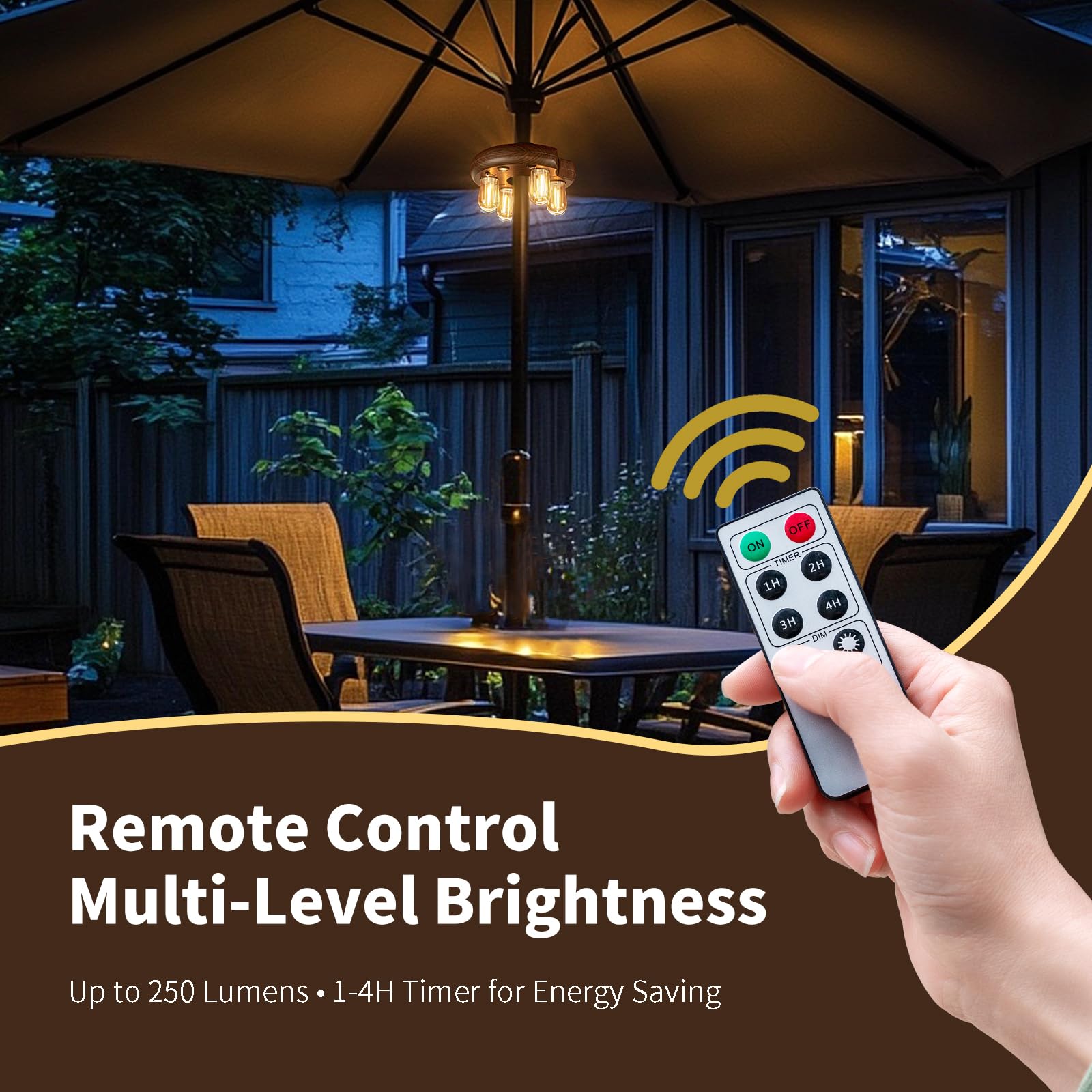 OPOIRA Dark Wood Grain Patio Umbrella Light, Remote Control, Rechargeable LED Edison Bulbs, 10 Brightness Levels, 2 Pack