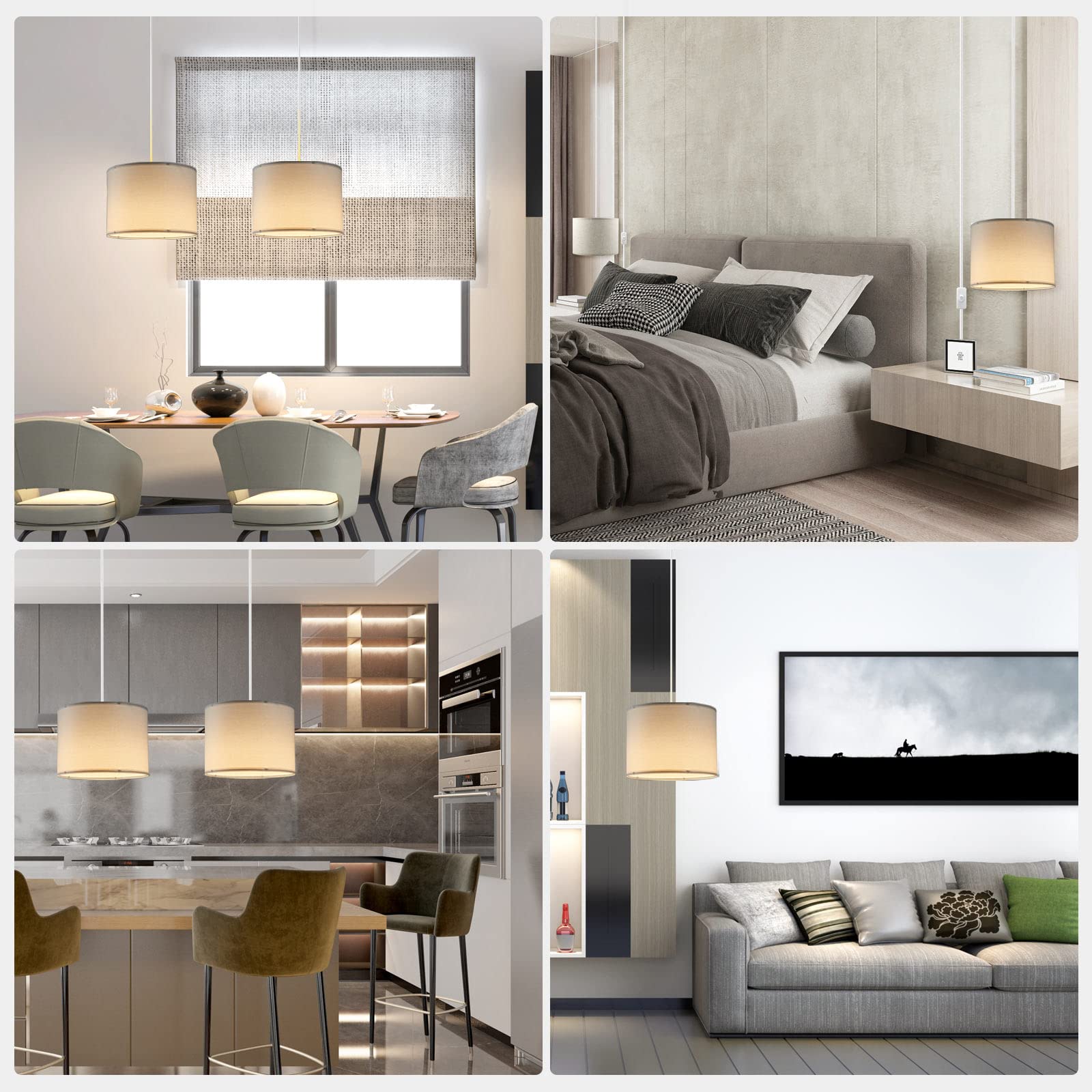 Kuaugst Plug In Pendant Light, 15 Ft Hanging Lamp With Plug In Cord, On/Off Switch, Pendant Lighting With Fabric Shade, Hanging