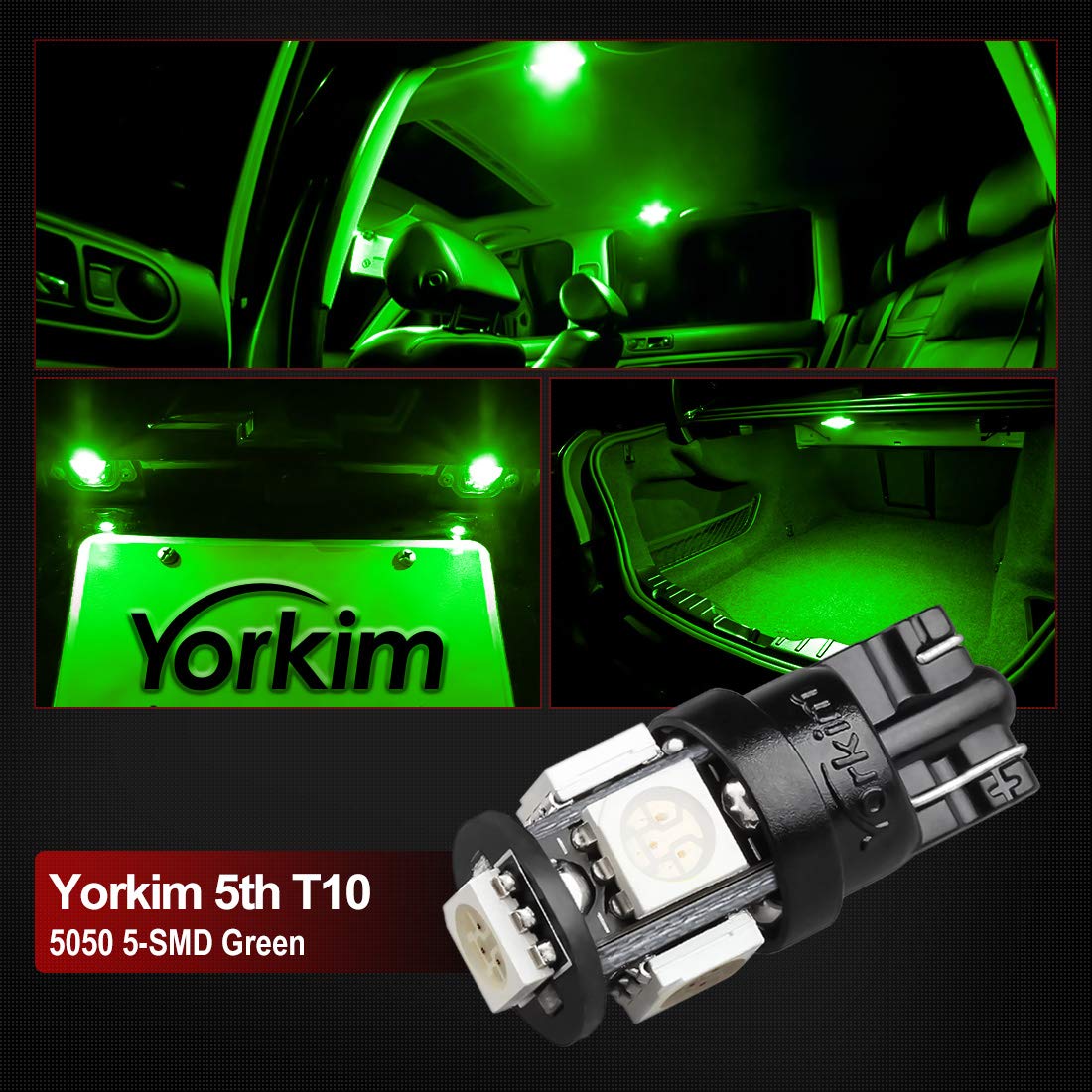 Yorkim T10 LED Bulbs Green Super Bright 168 LED Model YK3066, Pack of 10 for Car Interior Dome Map Door Courtesy License Plate Lights