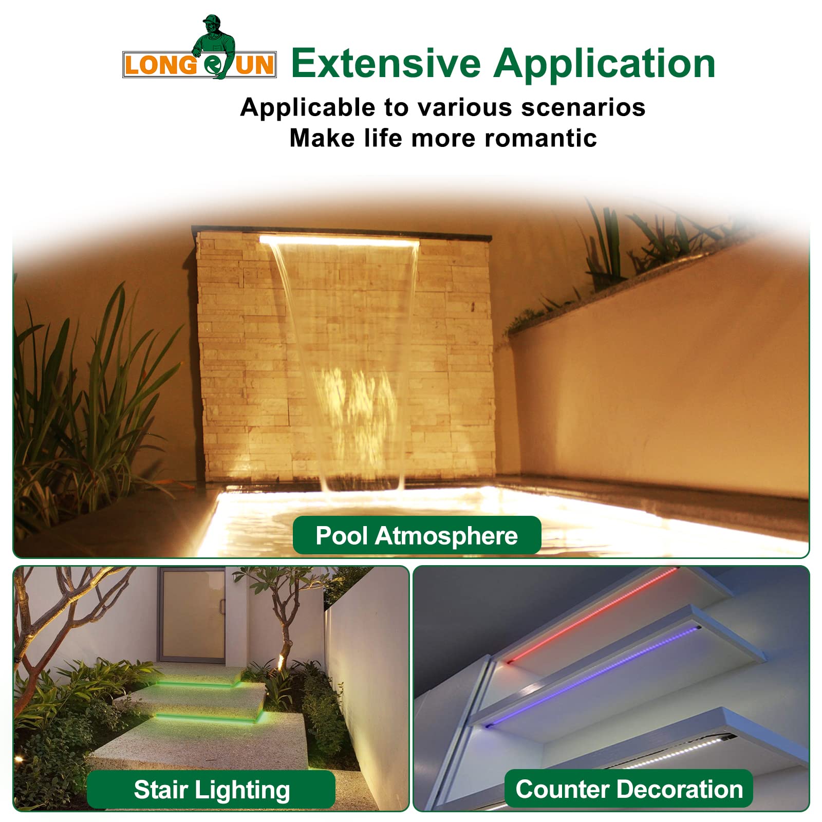 Longrun LED Color Changing Strip Lights 34.85" Waterproof APP Control for Garden, Pond, Pool, Fountain, and Aquarium - Multiple Colors