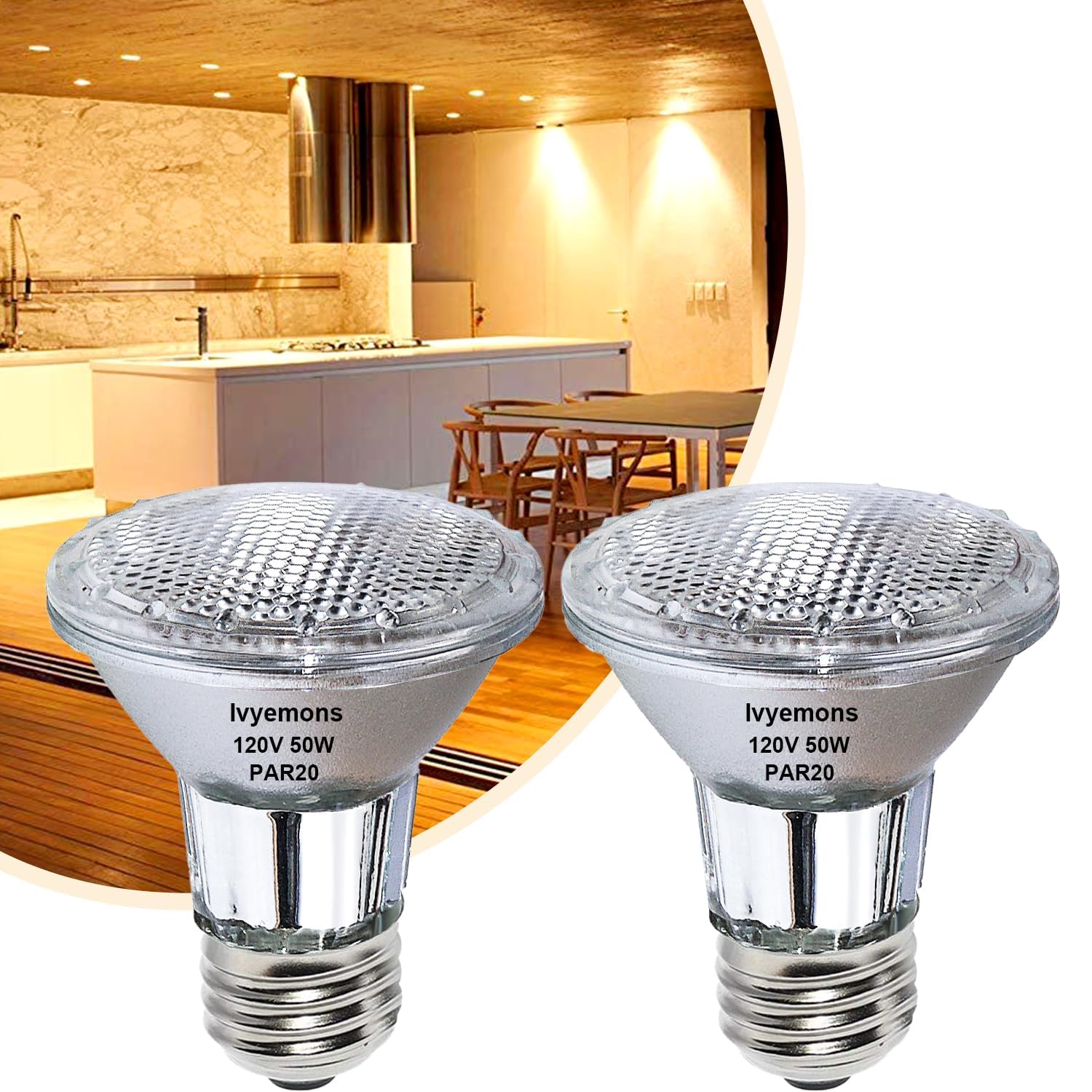 Ivyemons PAR20 50W Halogen Bulb - 2 Pack 120V 50W PAR20 Flood Light Bulbs with E26 Base  PAR 20 Dimmable 2800K Warm White  Long Lasting PAR 20 Bulb for Track Lighting & Hood Range Light Bulbs
