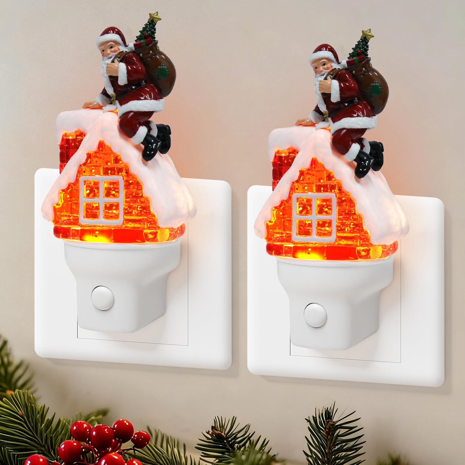 2 Pack Christmas Santa Night Light Plug into Wall Glitter Water Nightlight with USB/Outlet Options  Christmas Decorative Nightlight for Bedroom Kitchen Hallway Holiday Decorations Gifts (Santa)