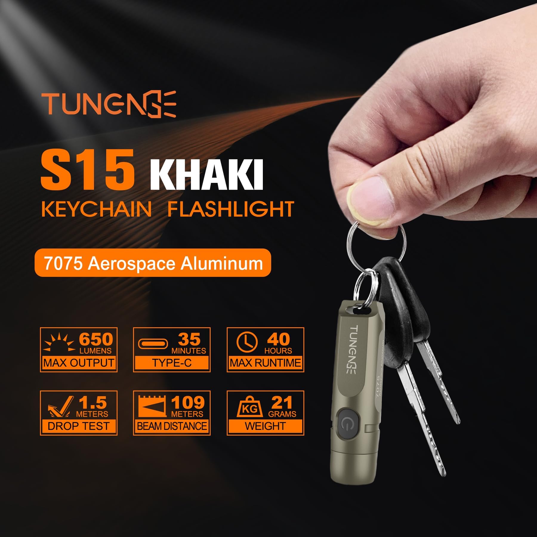 TUNENGE S15 650 Lumen Rechargeable Keychain Flashlight - Super Bright LED Mini Light for Camping & Outdoor Activities - Khaki