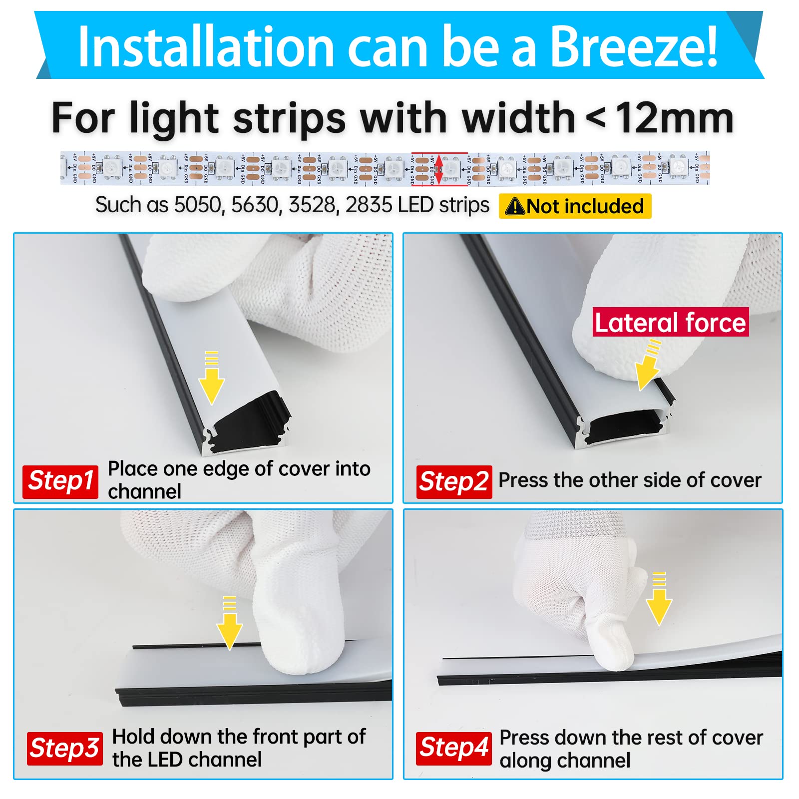 Muzata LED Channel Black Aluminum U Shape Diffuser 3.3FT/1M with Milky White Cover, Model U1SW