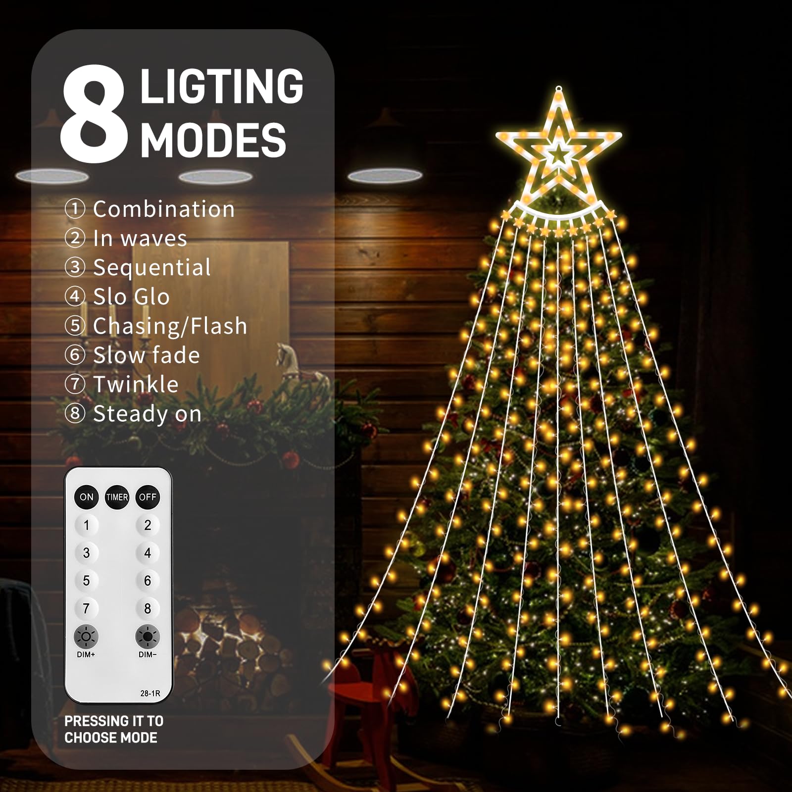 VTZNOJ 350 LED Star String Lights - Waterproof, 8 Light Modes, Remote & Timer, Warm White, Model CM-123