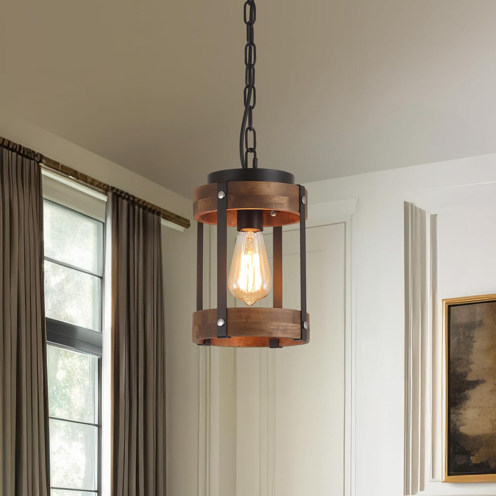 RKUCSR Rustic Farmhouse Wood Pendant Light Fixture, Small, Black, Model 6711-1, Adjustable Chain, Ideal for Kitchen Island and Hallway
