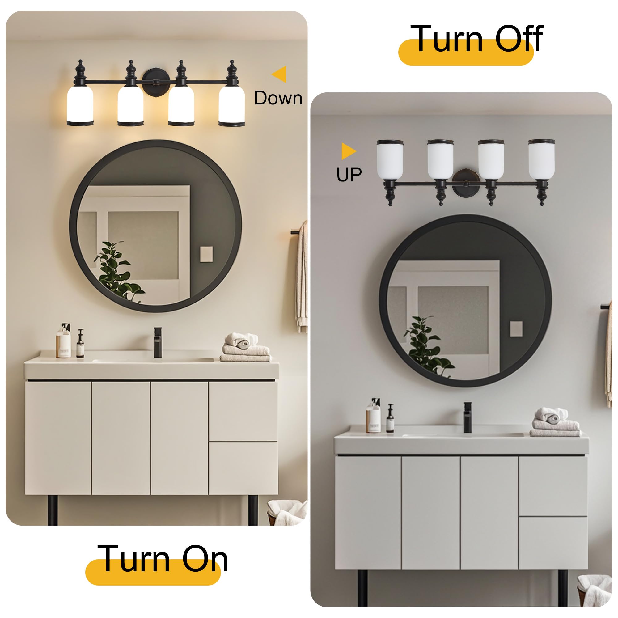 Lanmate Bathroom Light Fixtures, 4 Light Black Bathroom Vanity Light Over Mirror With Milk Glass Shade Modern Wall Sconce Mid Ce