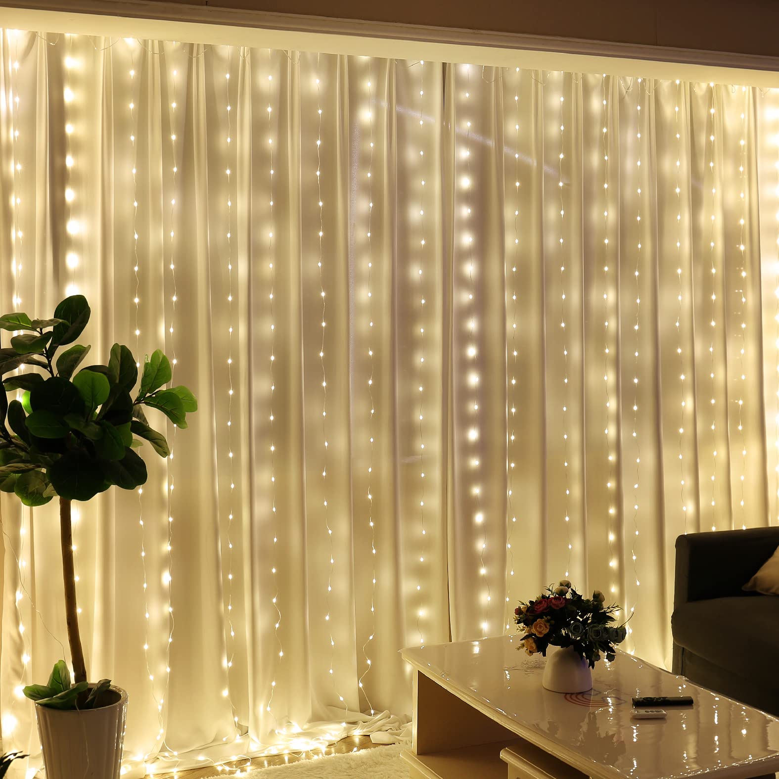HXWEIYE 300LED Fairy Curtain Lights, 9.8x9.8Ft Tangle-Free USB Plug in 8 Modes Timer Christmas String Hanging Lights with Remote