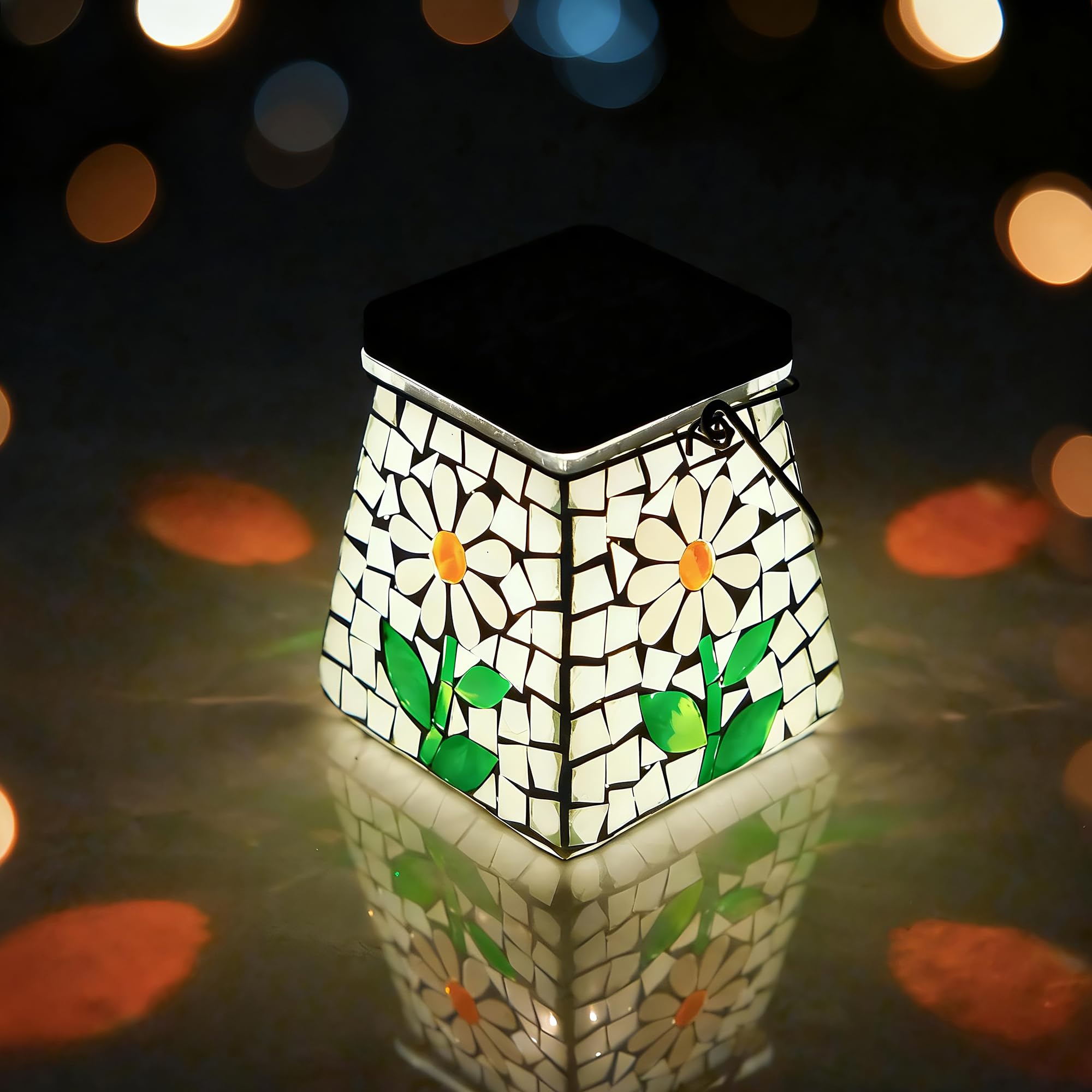 SAVENNA Mosaic Solar Lantern,Handcrafted Glass Hanging or Table Lantern,600mAh Long Lasting Light for Patio, Yard & Garden - Dai