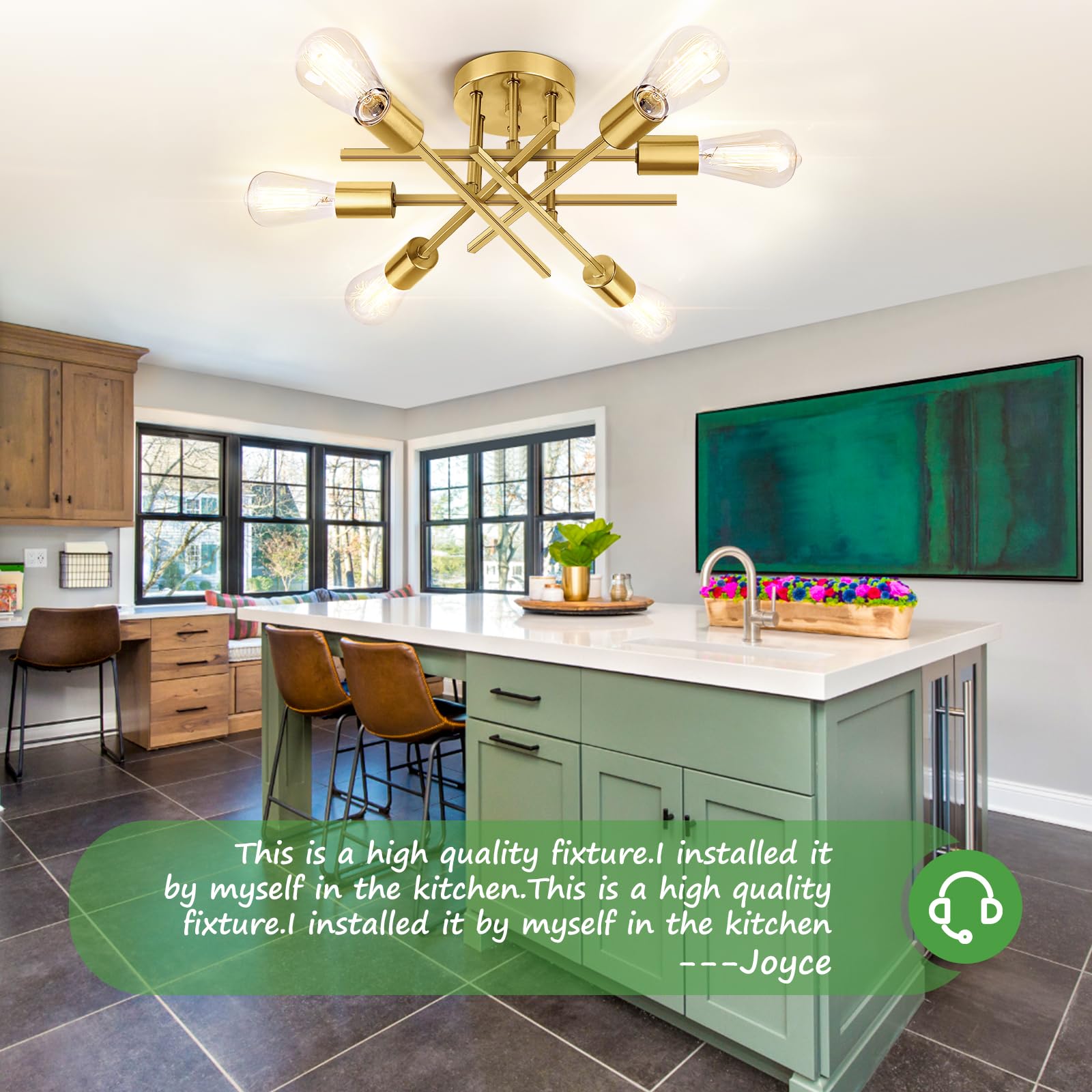 Tobusa 6-Light Gold Semi Flush Mount Ceiling Light Fixture, Modern Industrial Brushed Golden Sputnik Ceiling Light, E26 Close To