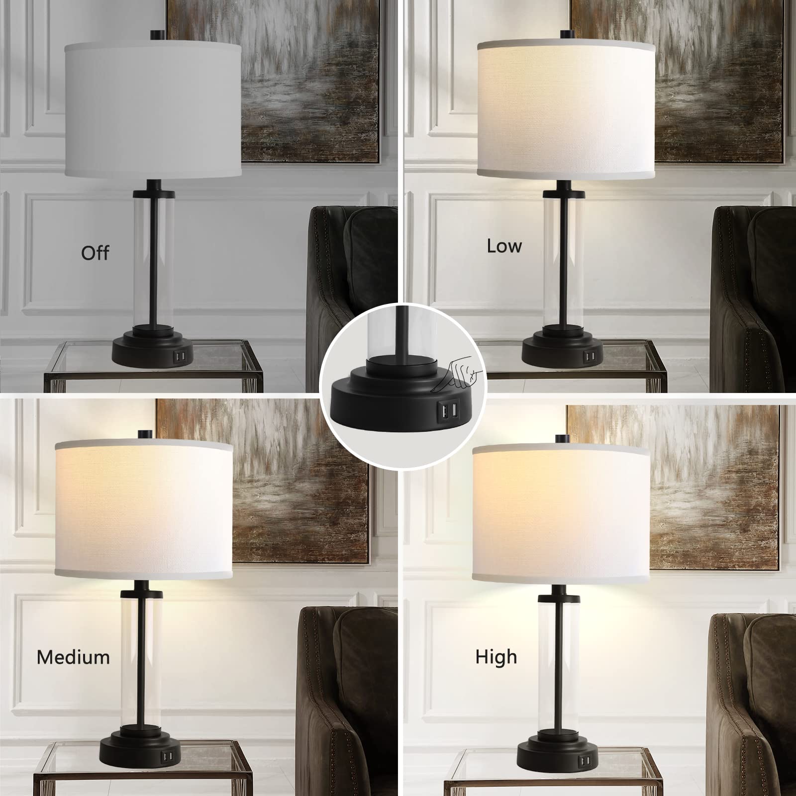 QiMH Touch Control Table Lamps Set of 2, 3-Way Dimmable, USB Ports, Modern Black Nightstand Lamps with LED Bulbs