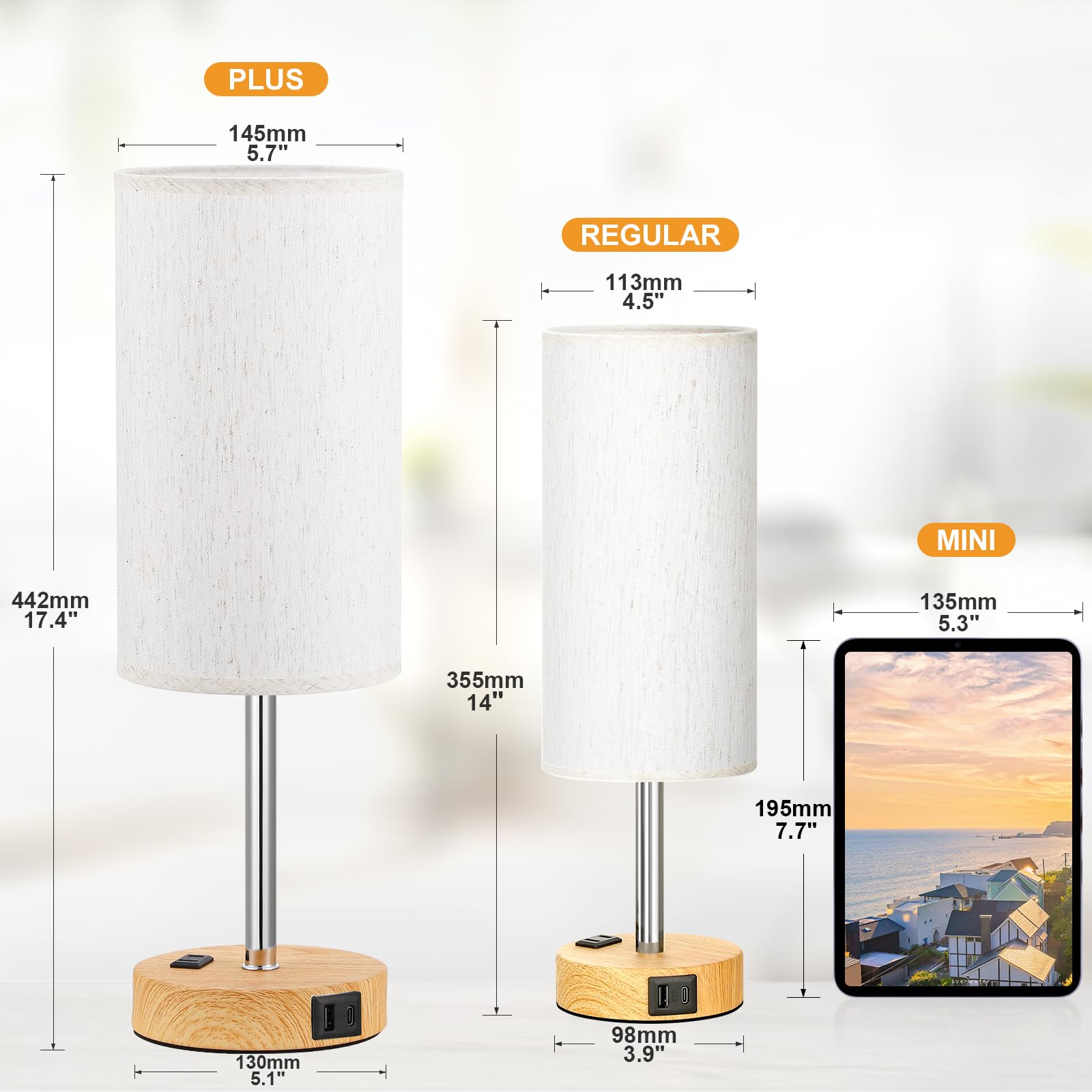 17.4Inches Tall Touch Bedside Table Lamps Set - 3 Way Dimmable Bedroom Lamp With Usb C Ports, Small Desk Lamps For Nightstand Wi