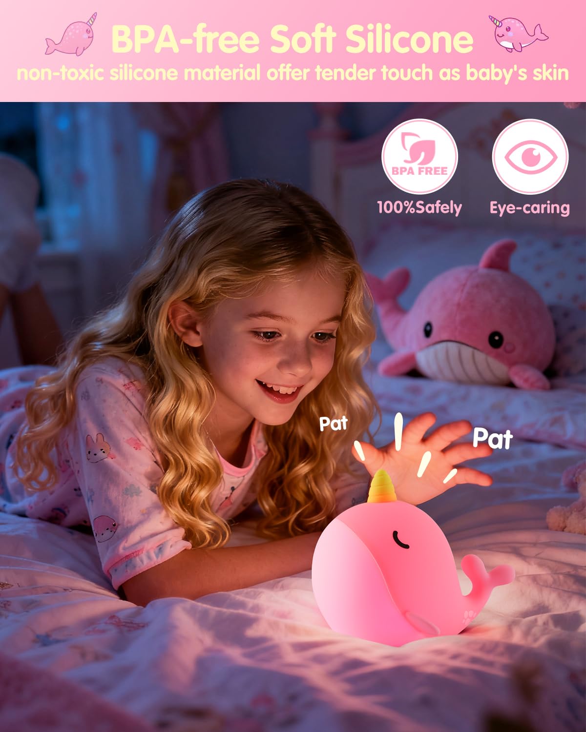 Fuloon Narwhal Night Light With Whale Shape  Squishy Silicone Kids Lamp  Safe & Soothing Touch Control For Kids And Babies  Usb-C Rechargeable  30-Min Auto Timer  Gift Idea (Pink)