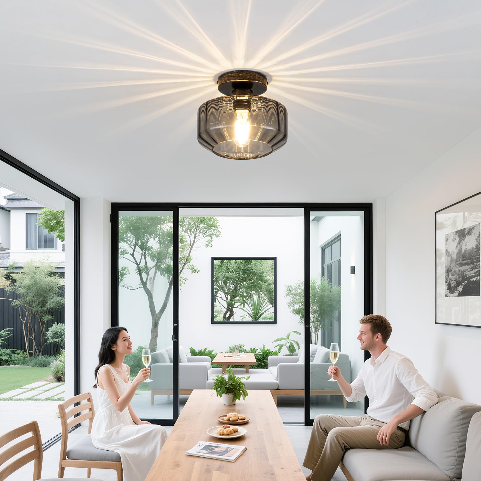 Tbaoinla Smoked Glass Flush Mount Ceiling Light With 1200Lm Led - Black Champagne Gold 8.66 Damp Rated Fixture For Bathroom Kitchen Hallway Modern Lighting