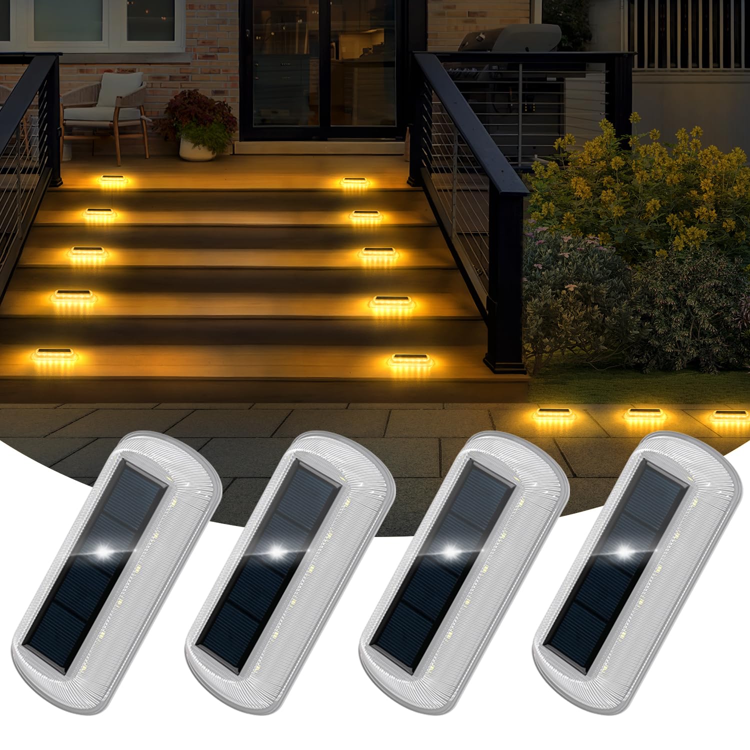 T-SUN Solar Step Lights Outdoor 4 Pack Solar Stair Lights Waterproof LED Deck Light for Outdoor Fence Driveway Yard Balcony Path
