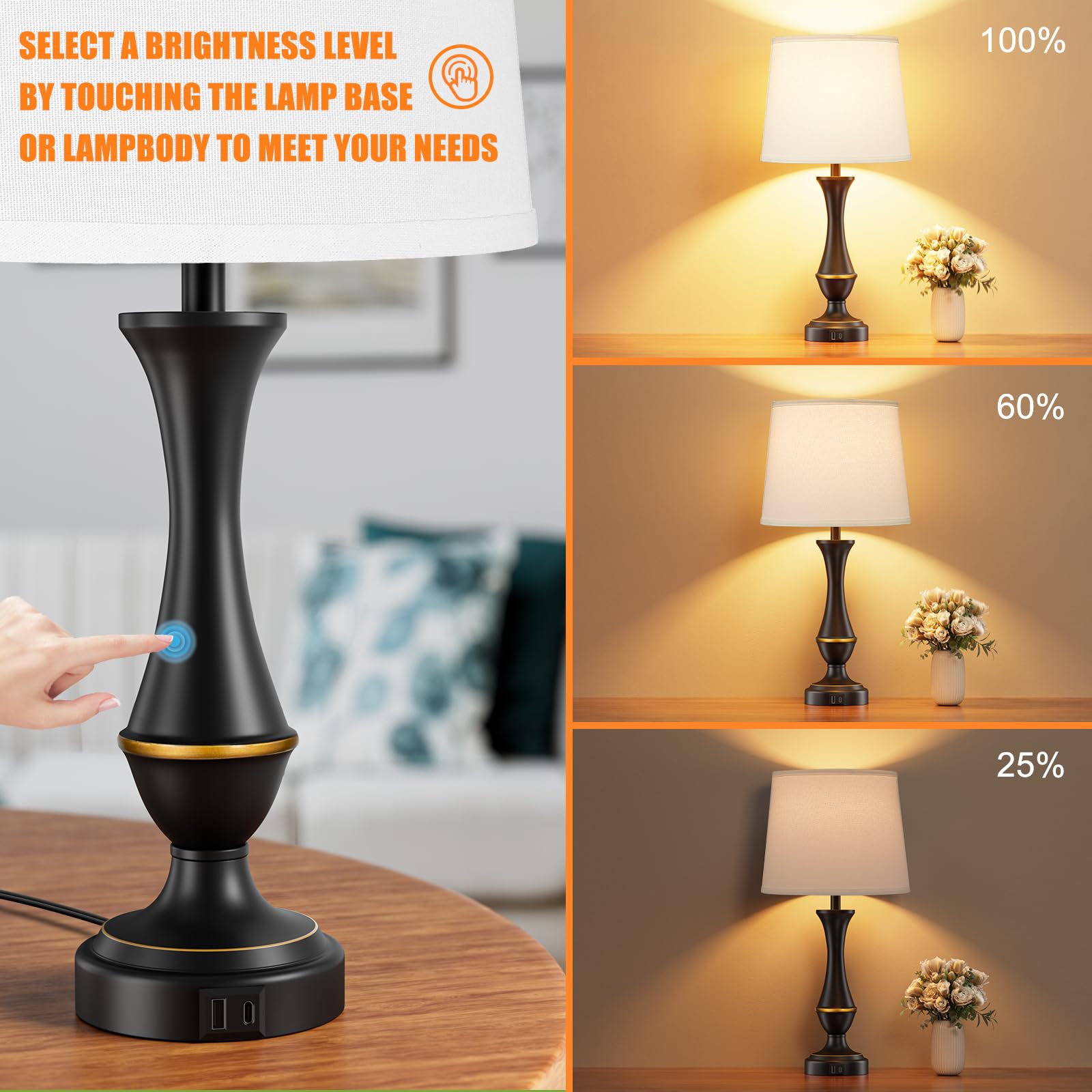 Seealle Upgraded Touch Lamps Set of 2 - 3 Way Dimmable, USB C+A, White Shade & Black Base for Bedrooms, Living Room, Office