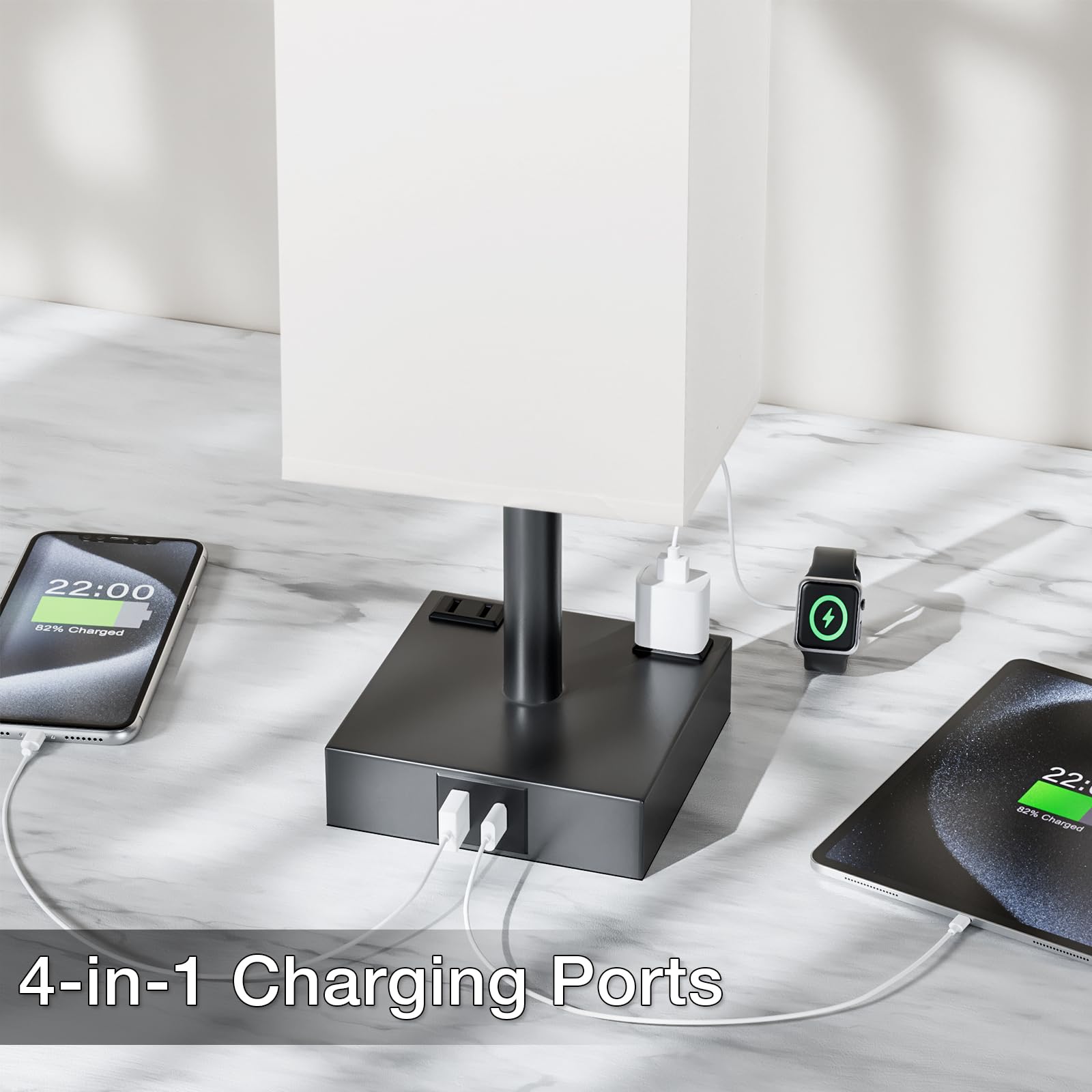 aooshine Touch Bedside Table Lamp - 3-Way Dimmable, USB A & Type C Ports, AC Outlets, 14in, Plastic, White & Black, Model 3