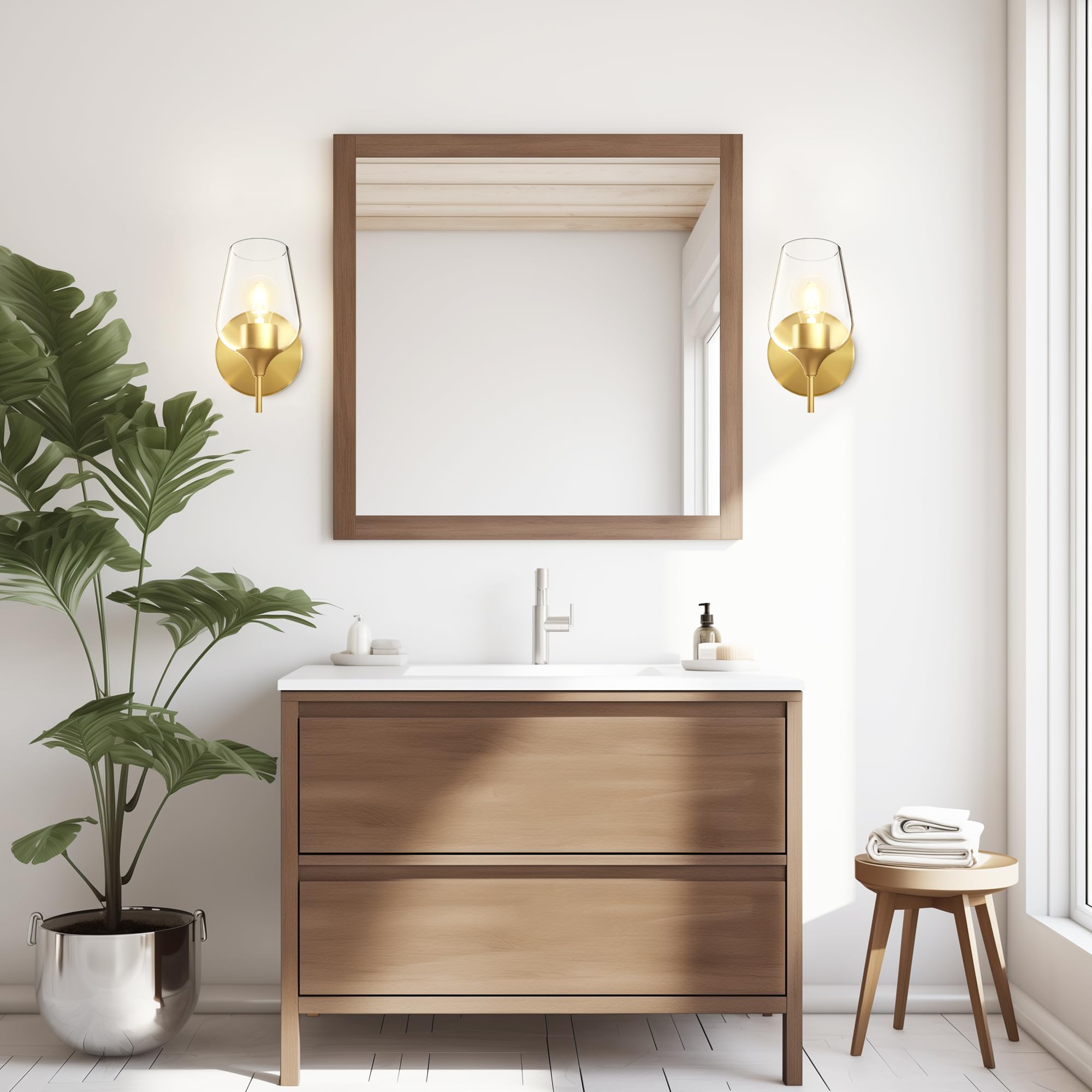 Hamilyeah Gold Wall Sconces Set of 2, Modern Vintage Brass Lighting with Clear Champagne Glass Shade for Bathroom, Bedroom, Kitchen