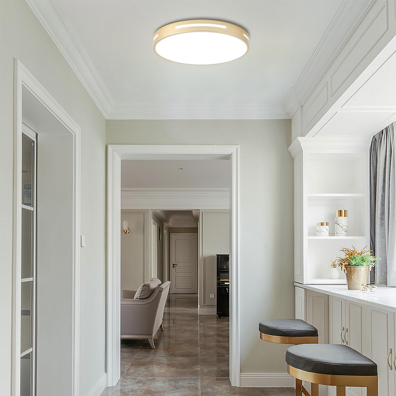 Wheatronic Gold Flush Mount Ceiling Light Fixture Led,24W Bathroom Light Fixture Ceiling Mount Dimmable Set Of 3,12 Inch Close To Ceiling Light Fixture 5Cct For Kitchen, Bedroom, Living Room