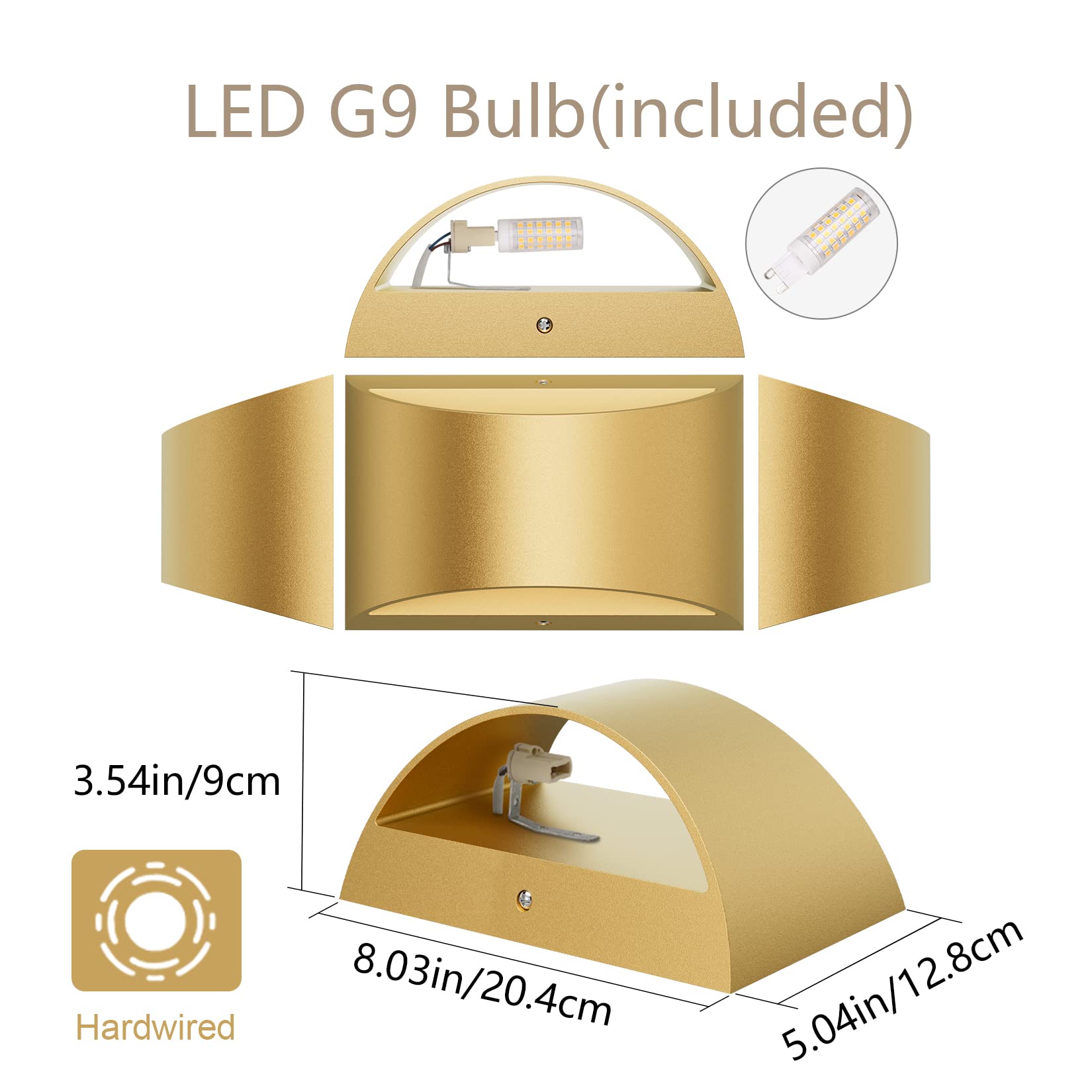 Aipsun Gold Wall Sconce Set of 2, Warm White 3000K, Hardwired Indoor Lighting for Living Room, Bedroom, Hallway - Premium Aluminum
