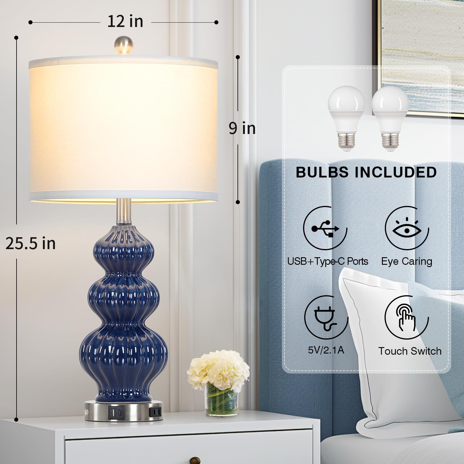 Rinweey Triple Gourd Ceramic Table Lamps Set Of 2, Modern Blue Bedside Lamps With Usb A+C Ports & Ac Outlet, 3 Way Touch Control Contemporary Nightstand Lamps For Bedroom Living Room