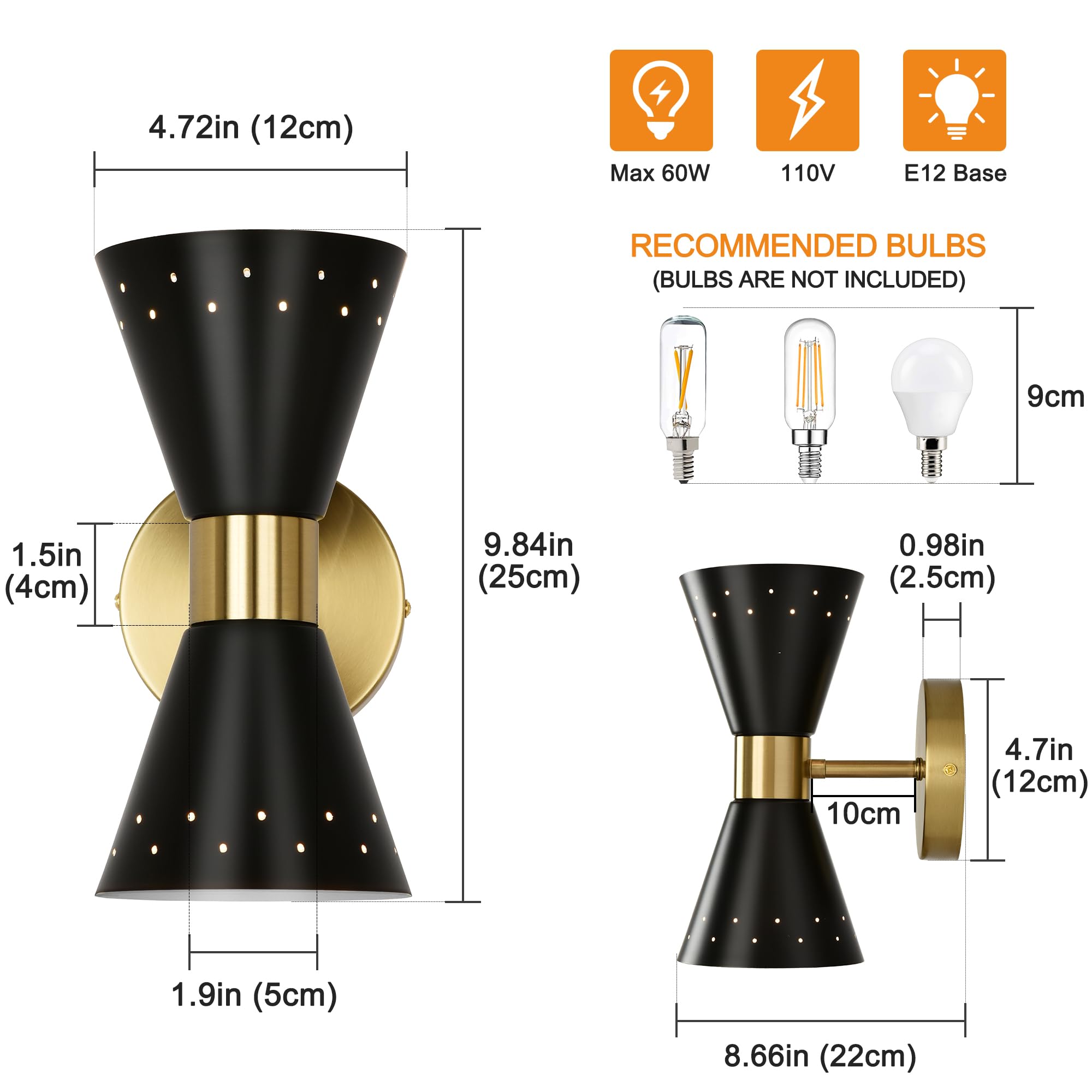 Merbotin Black Wall Sconces Set of 2, Mid Century Modern Metal Lighting, E12 Base, Hardwired for Bathroom, Bedroom, Living Room, Model 800220-2WB