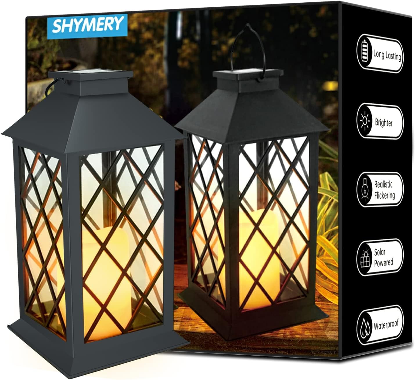 SHYMERY Solar Lanterns Outdoor Waterproof, 14 Inch Outdoor Lanterns with LED Flickering Flameless Candles,2 Pack Hanging Black L