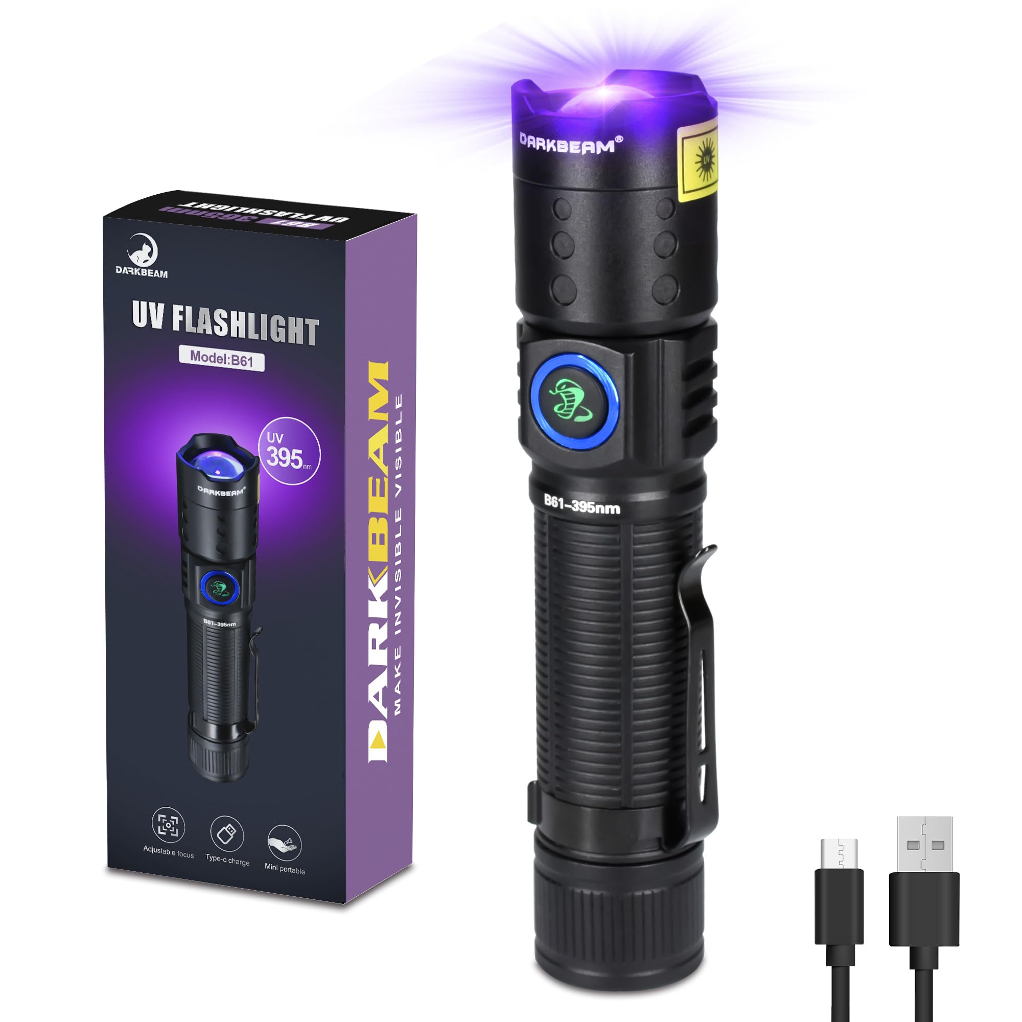 DARKBEAM UV Flashlight Black Light LED 395 NM, Ultraviolet Flashlights, Rechargeable USB-C Woods Lamp, Water Resistant Focusable