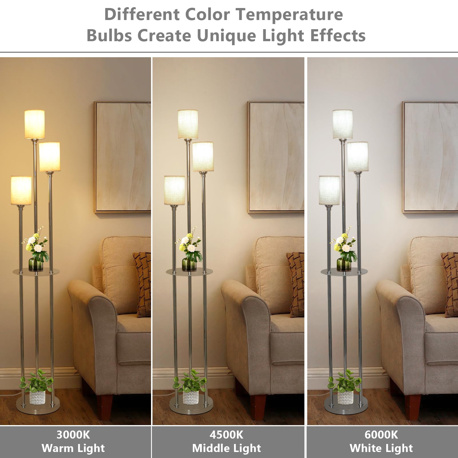 Stepeak Floor Lamps For Living Room, 3-Lights Modern Floor Lamp With Shelves, Chrome Standing Lamp With Fabric Shade And Foot Sw