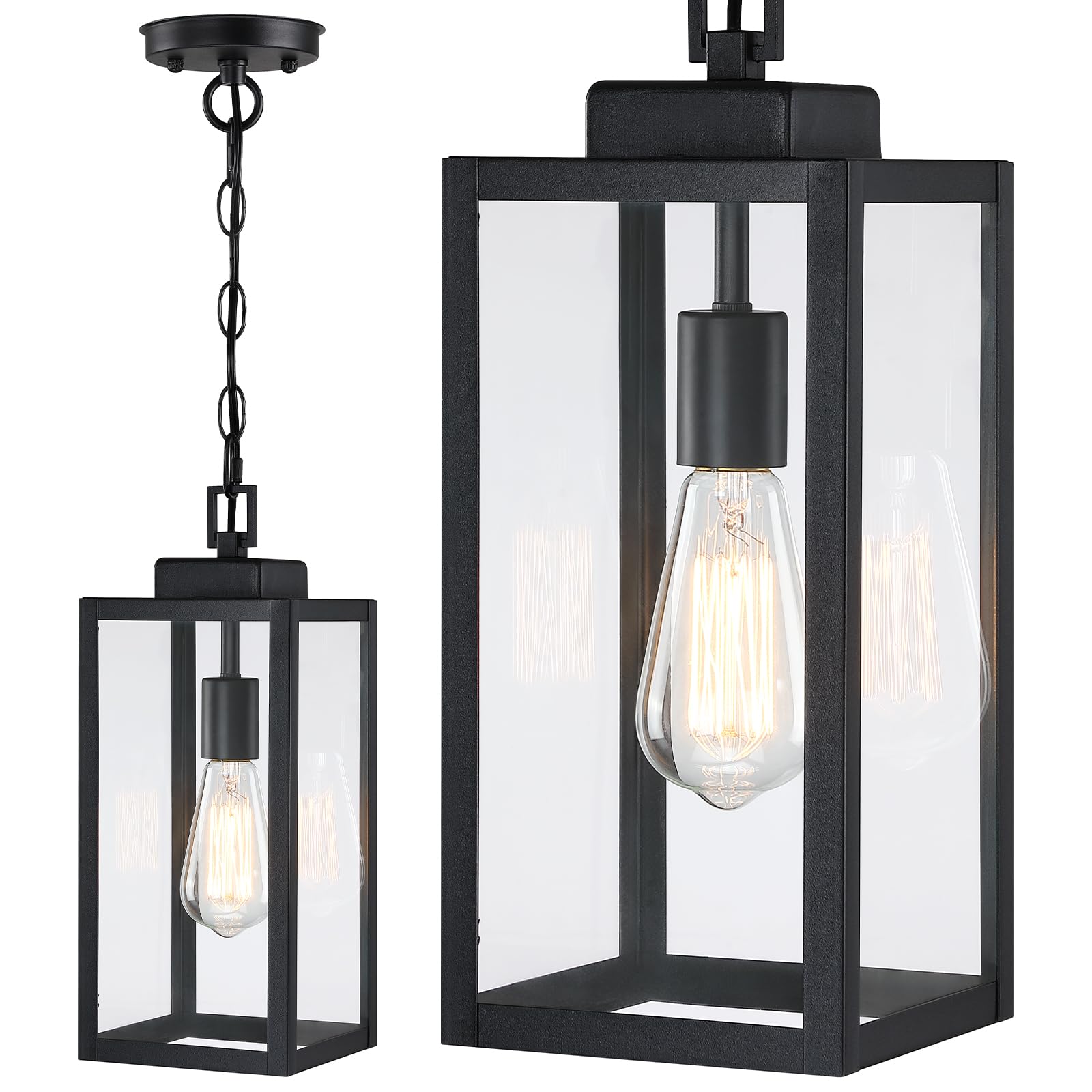 15'' Outdoor Pendant Light, Modern Outside Chandelier Outdoor Hanging Lantern Light, Matte Black with Clear Glass, Exterior Pend
