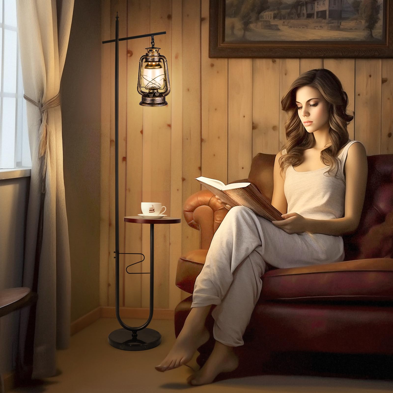 Workluurop Vintage Floor Lamp With Table,Classical Lantern Standing Rustic Farmhouse Nightstand Hanging Arc Floor Lamp With Bron