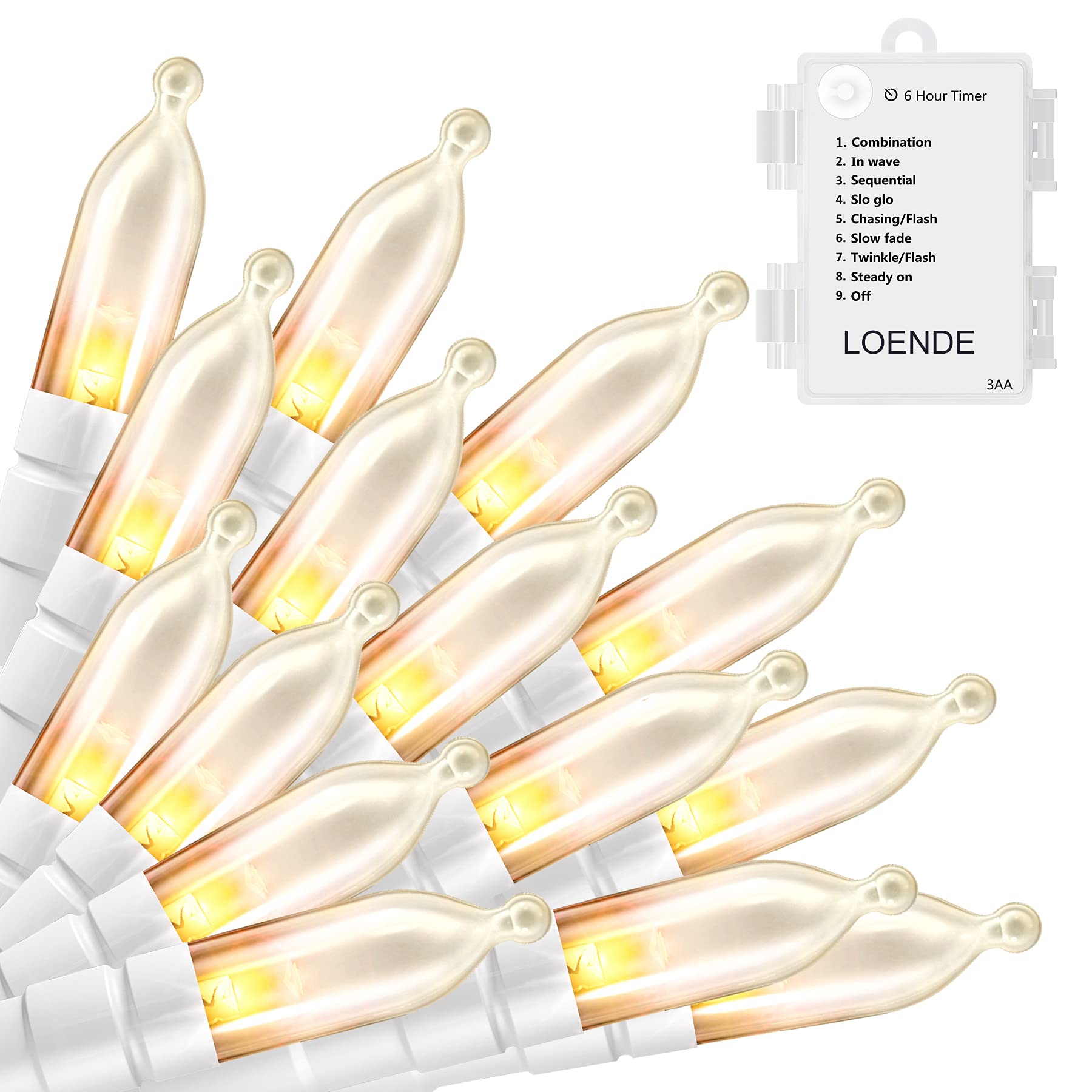 LOENDE LED Mini Lights with Timer Christmas Lights 18ft 50 LED 8 Modes Battery Operated String Lights White Wire for Indoor Outdoor Wreath Wedding Party Garden Home Decor, Waterproof, Warm White