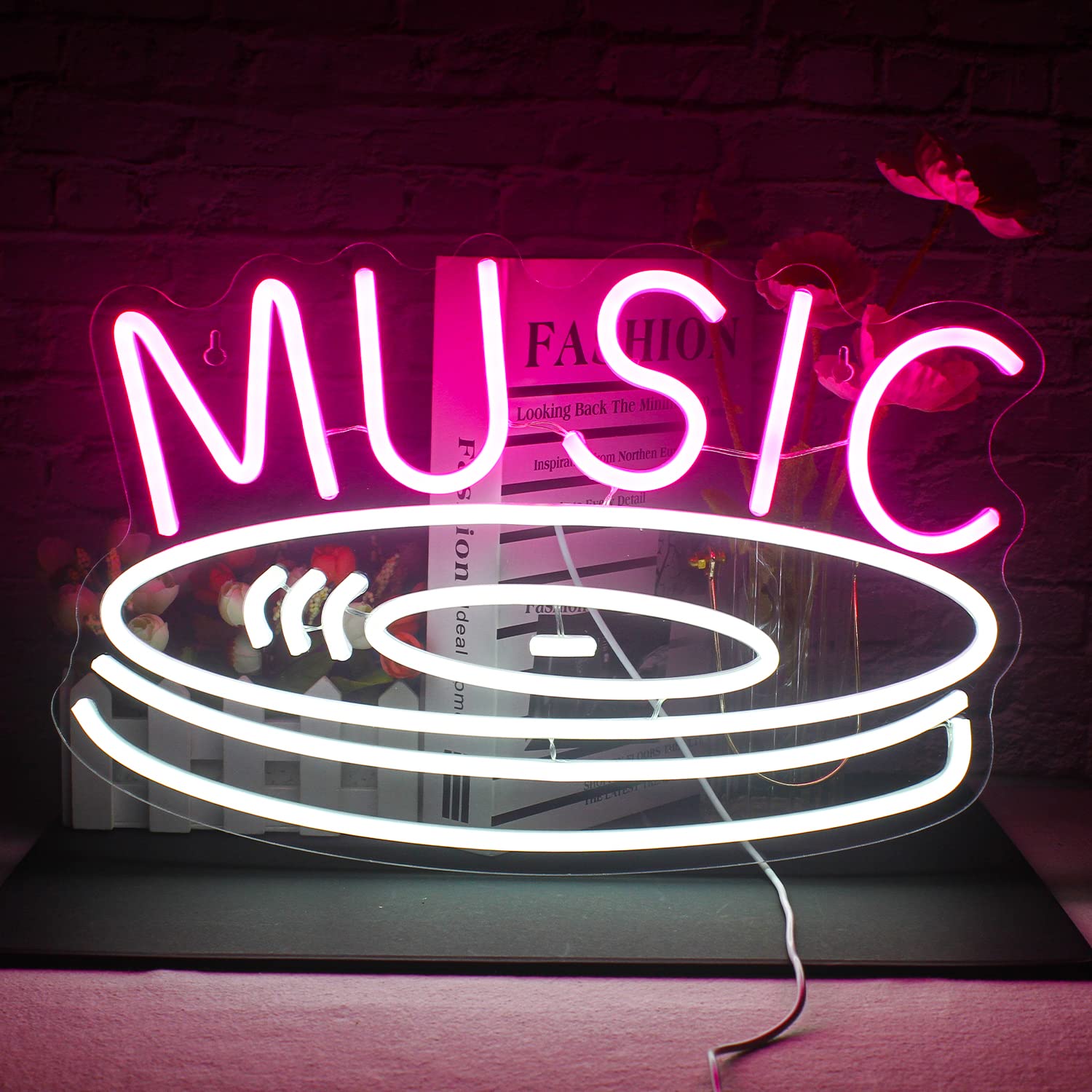 FAXFSIGN Neon Music Record Sign - Pink White LED Light for Wall Decor, Acrylic, Colorful, Ideal for Bedroom, Studio, Kids Room, Party
